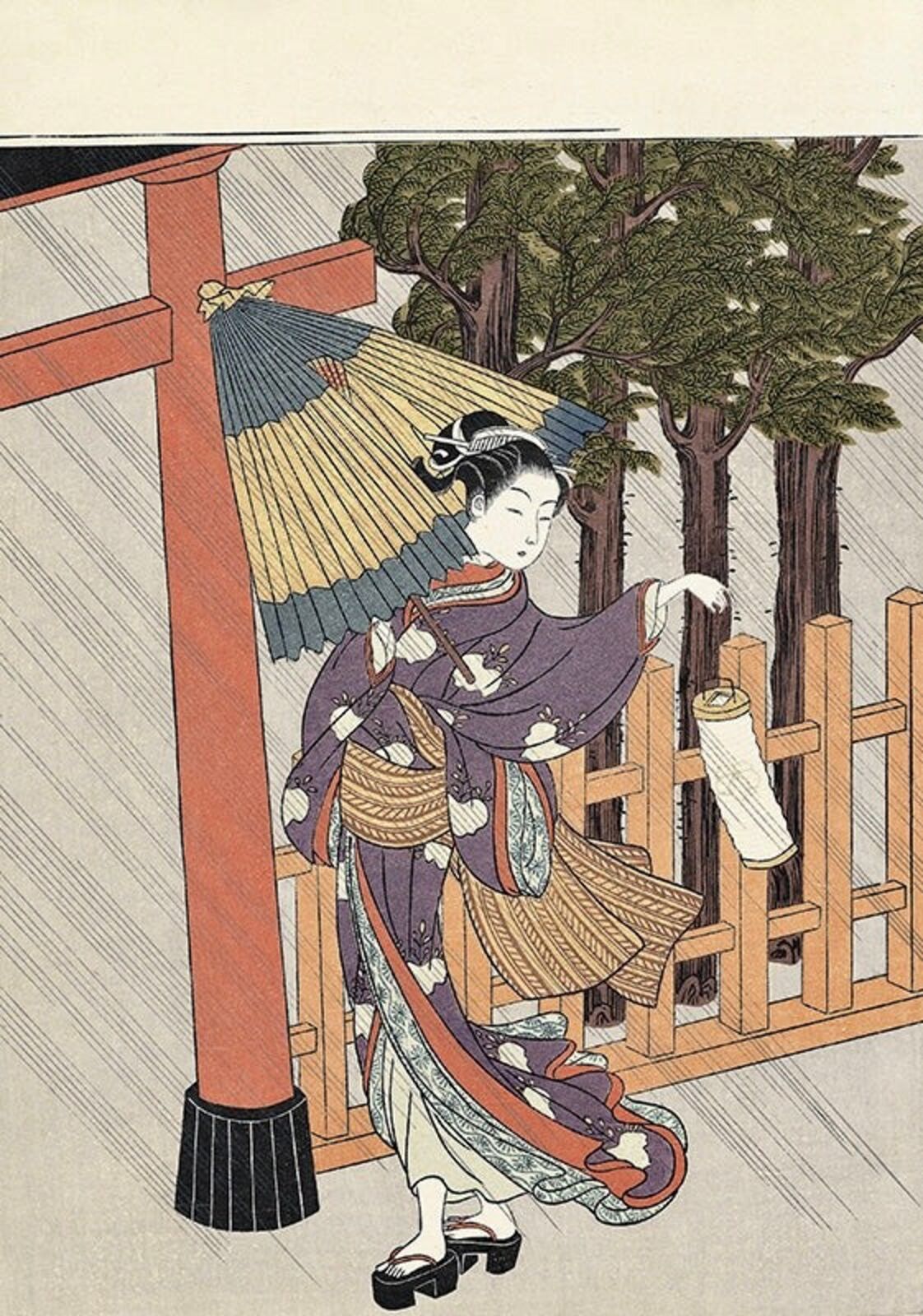 Beauty at Shrine in Rain by Harunobu Suzuki, 1765
