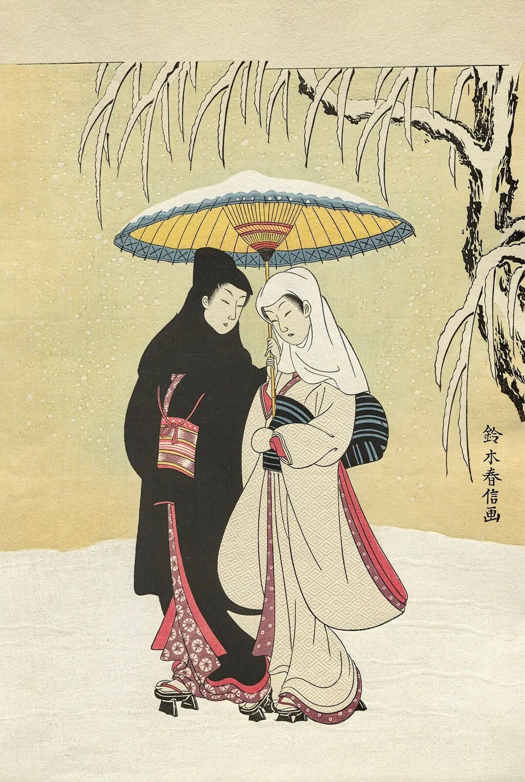 A couple of people standing under an umbrella in the snow.