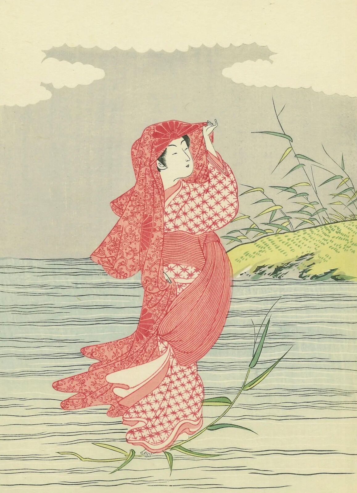 Parody of Bodhidharma (Daruma) Crossing the River on a Reed by Harunobu Suzuki, 1765