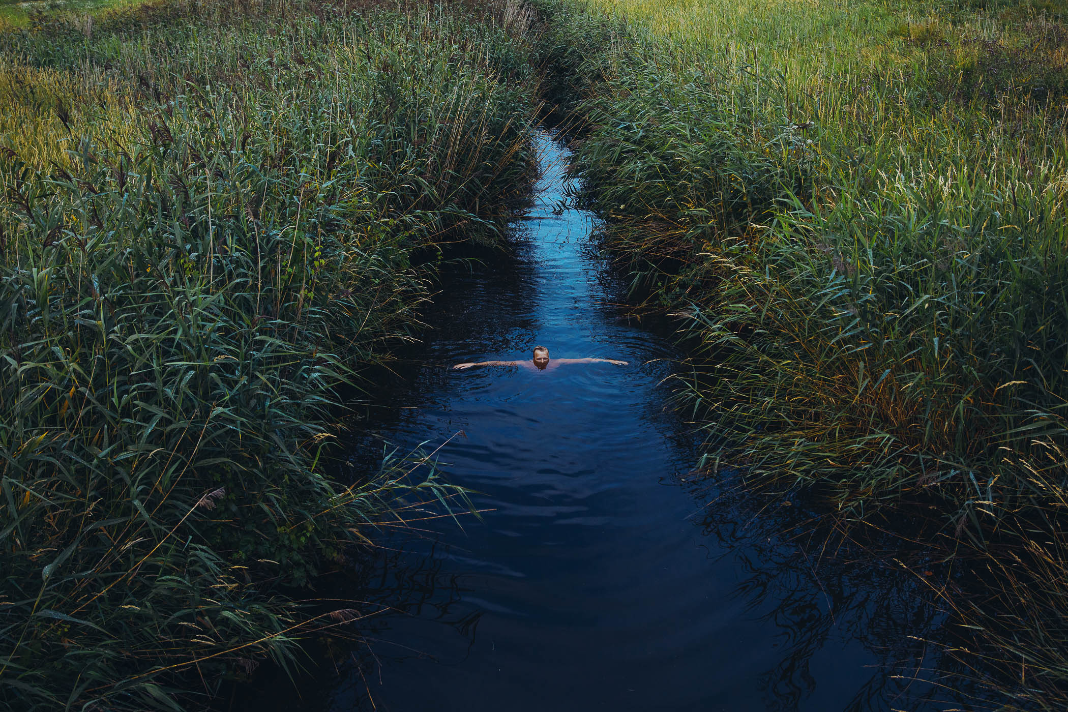 A person swimming in a small stream in a grassy field.