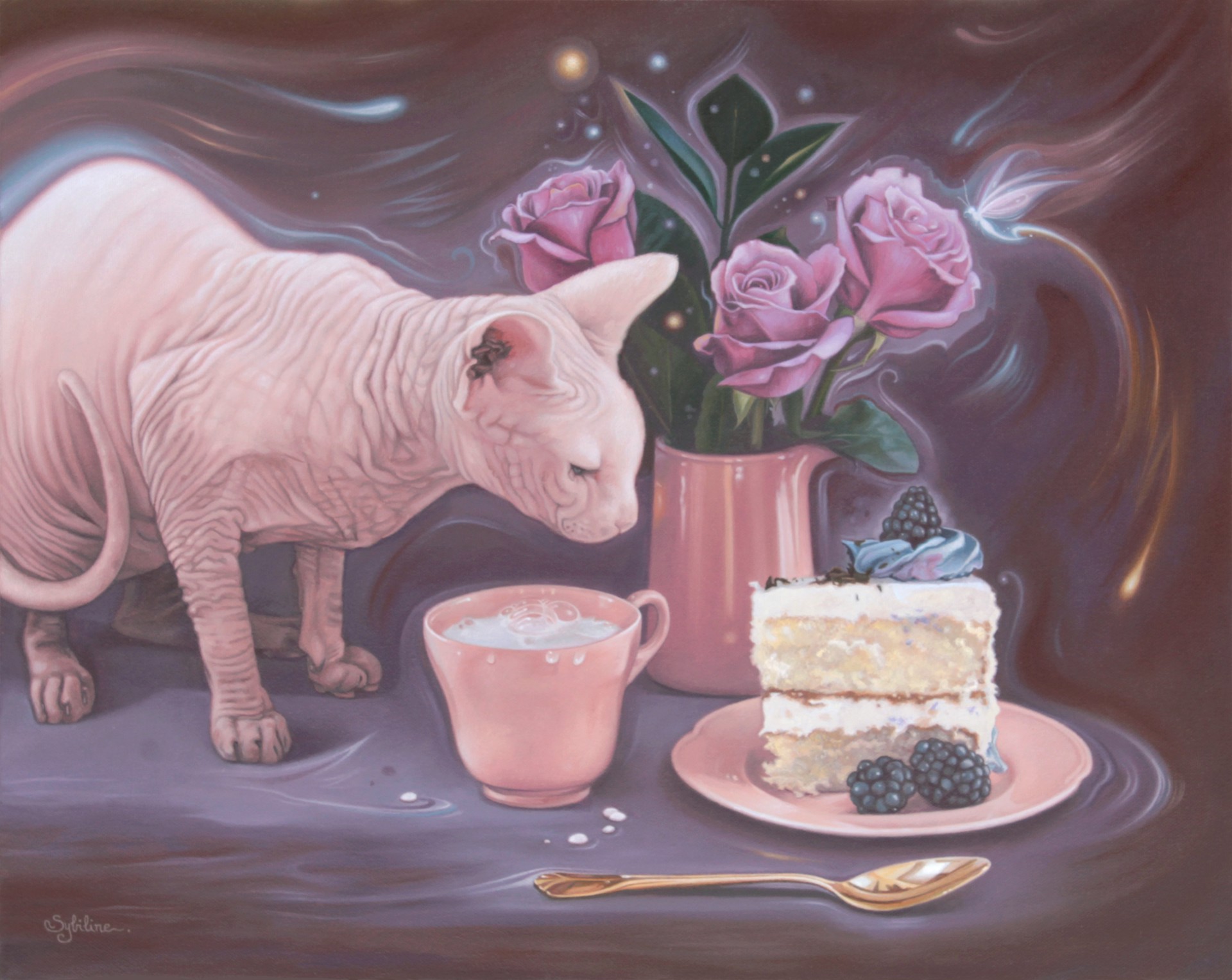 A painting of a cat sniffing a piece of cake next to a cup of coffee.