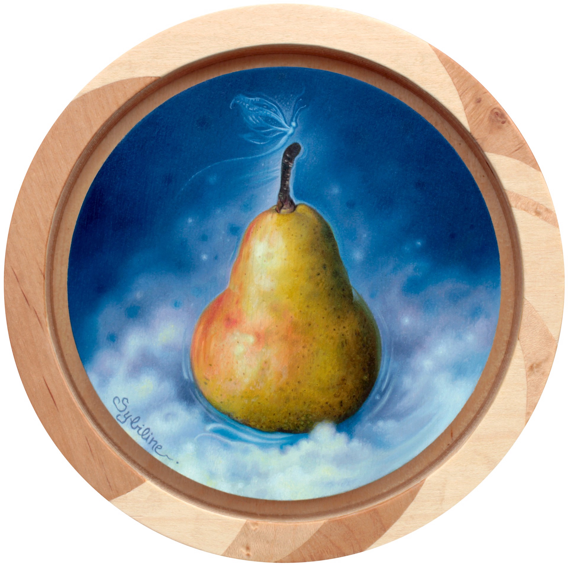 A pear floats in a dreamy blue sky with a butterfly hovering above it.
