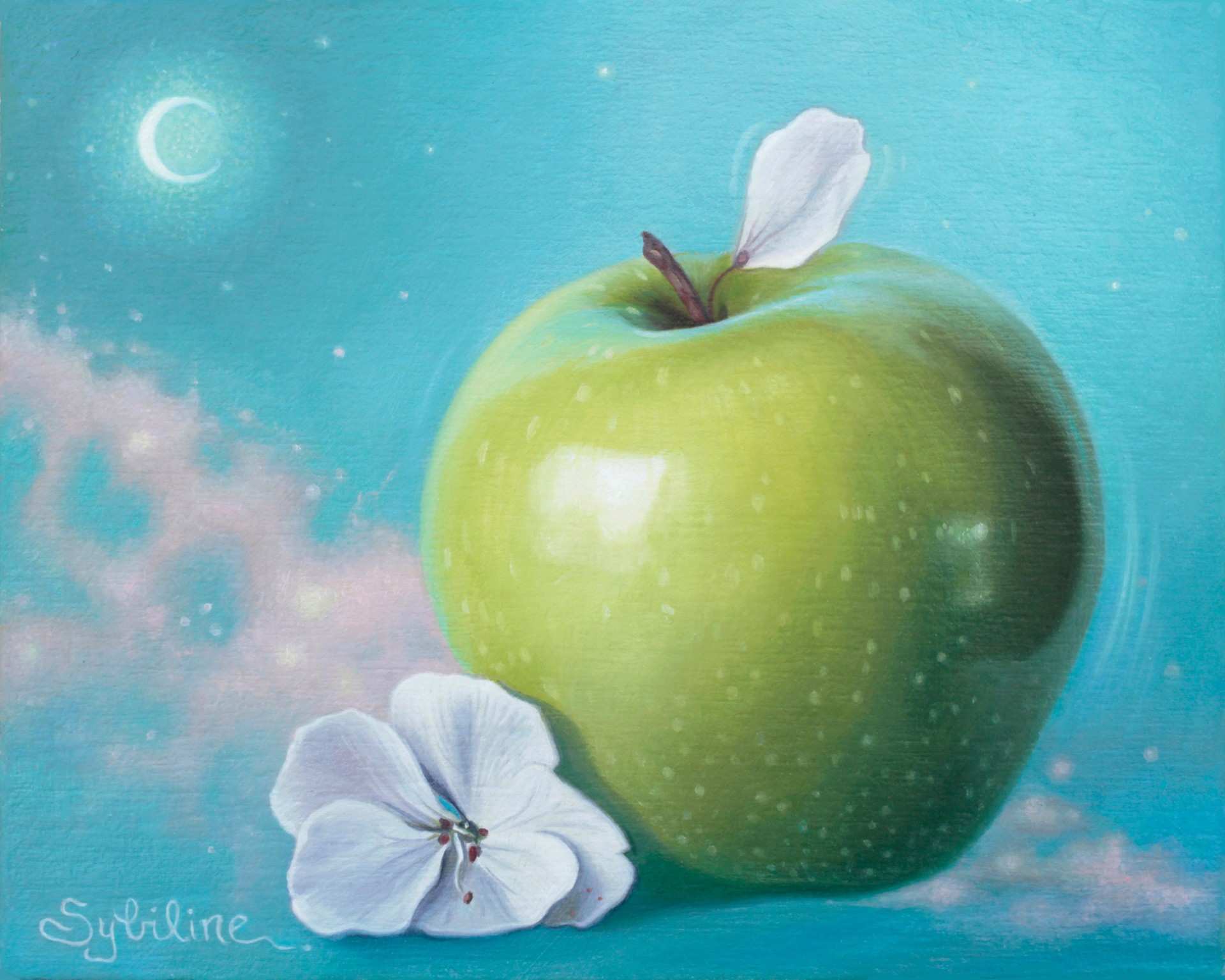 A painting of a green apple and a white flower.