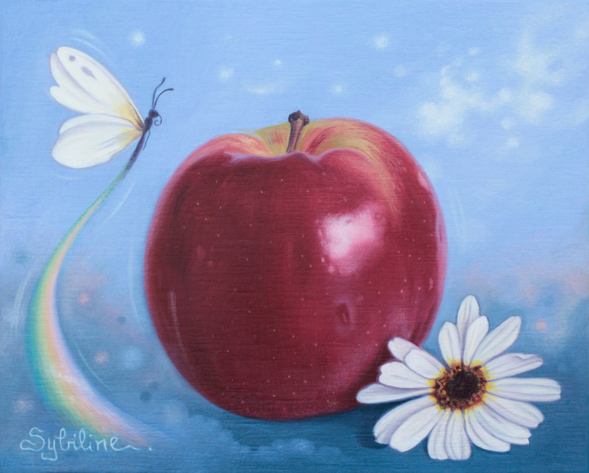 A painting of an apple and a butterfly on a blue background.