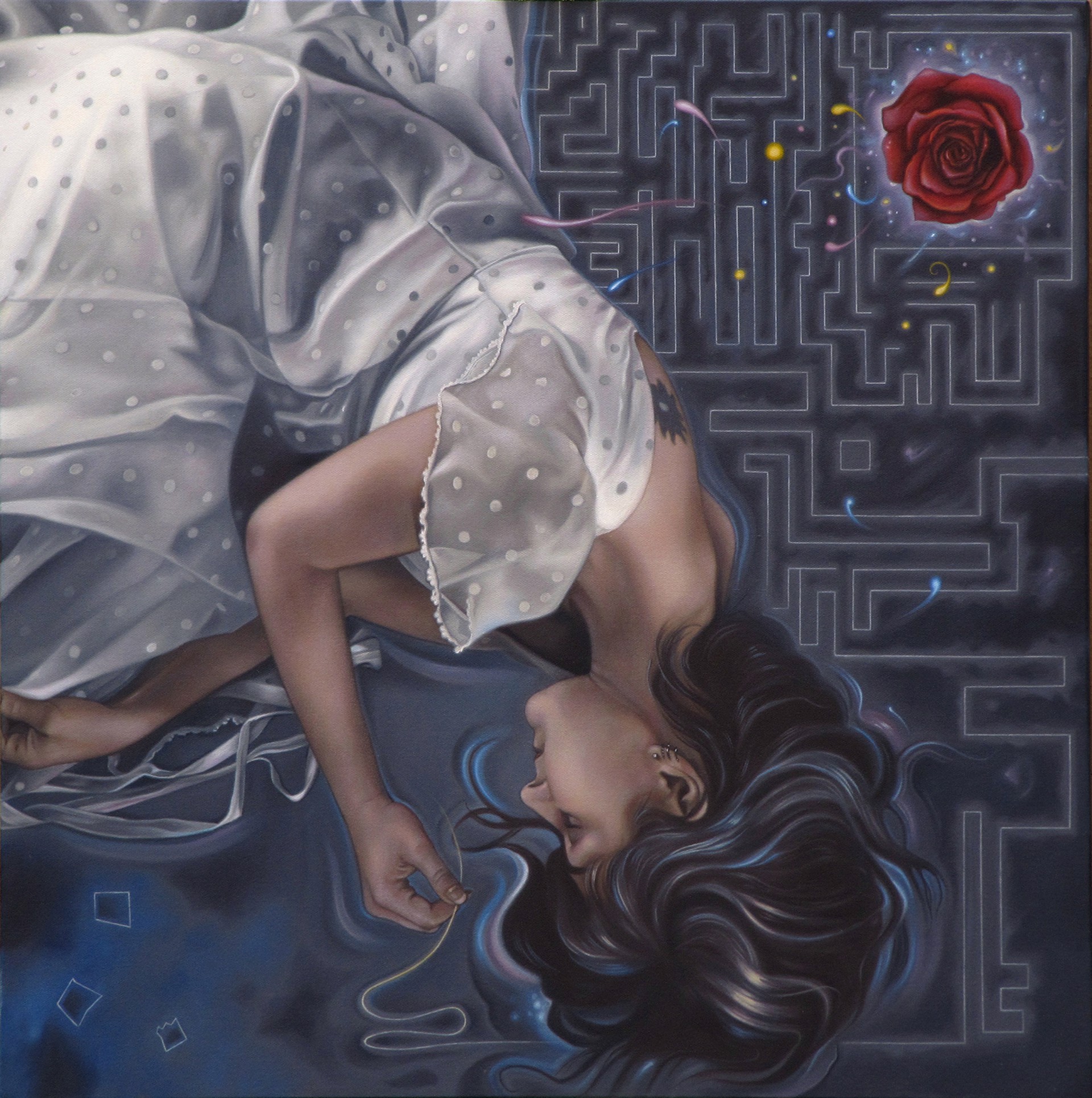 A painting of a woman laying on the ground in front of a maze.