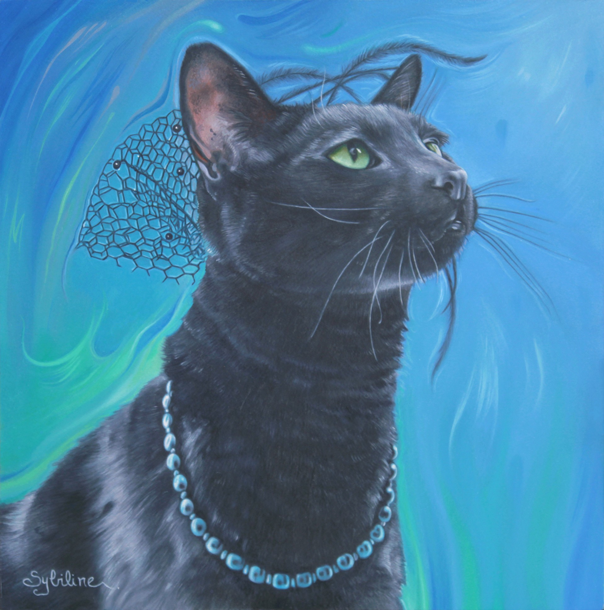 A painting of a black cat with green eyes and a necklace.