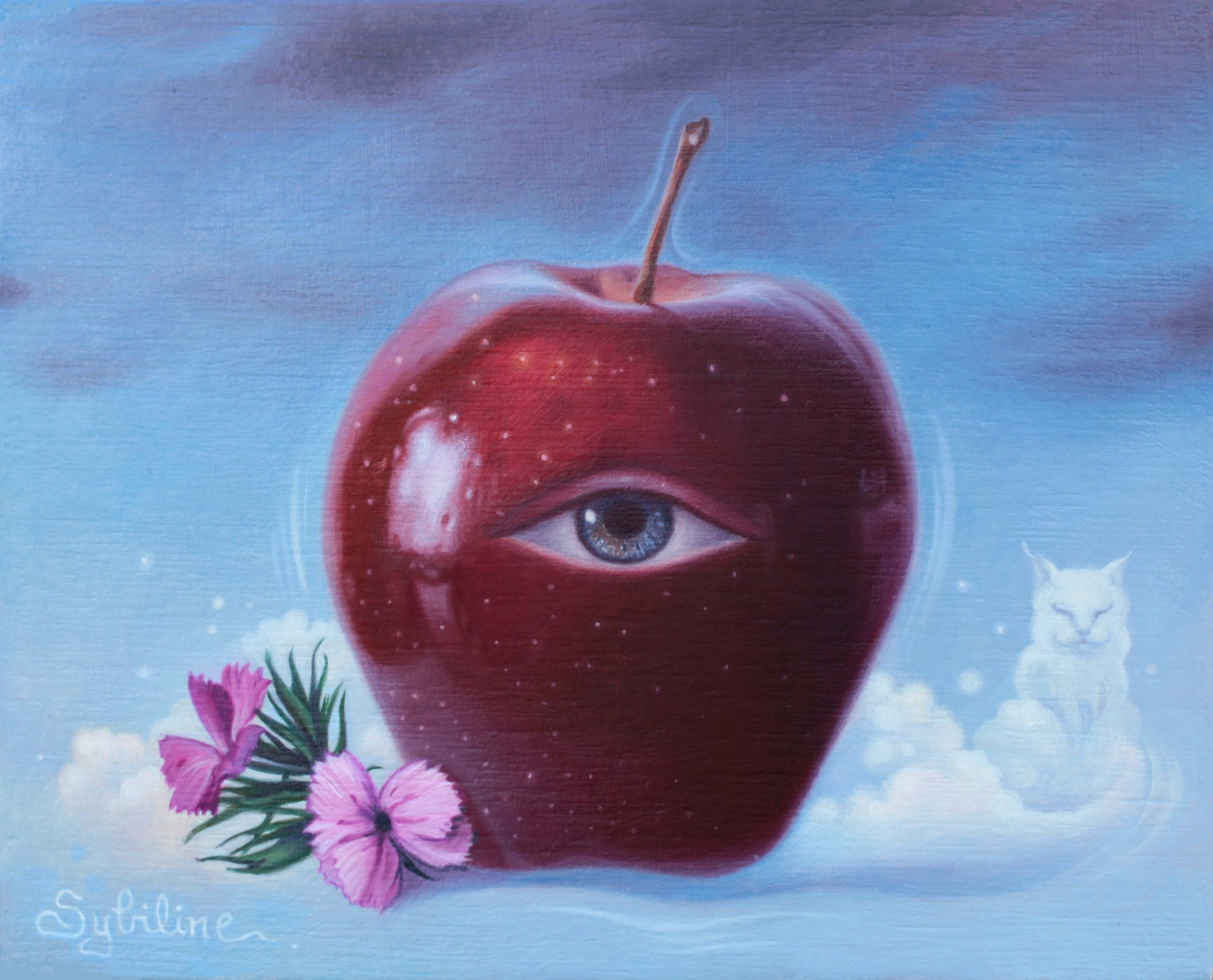 A painting of an apple with an eye and a cat in the sky.