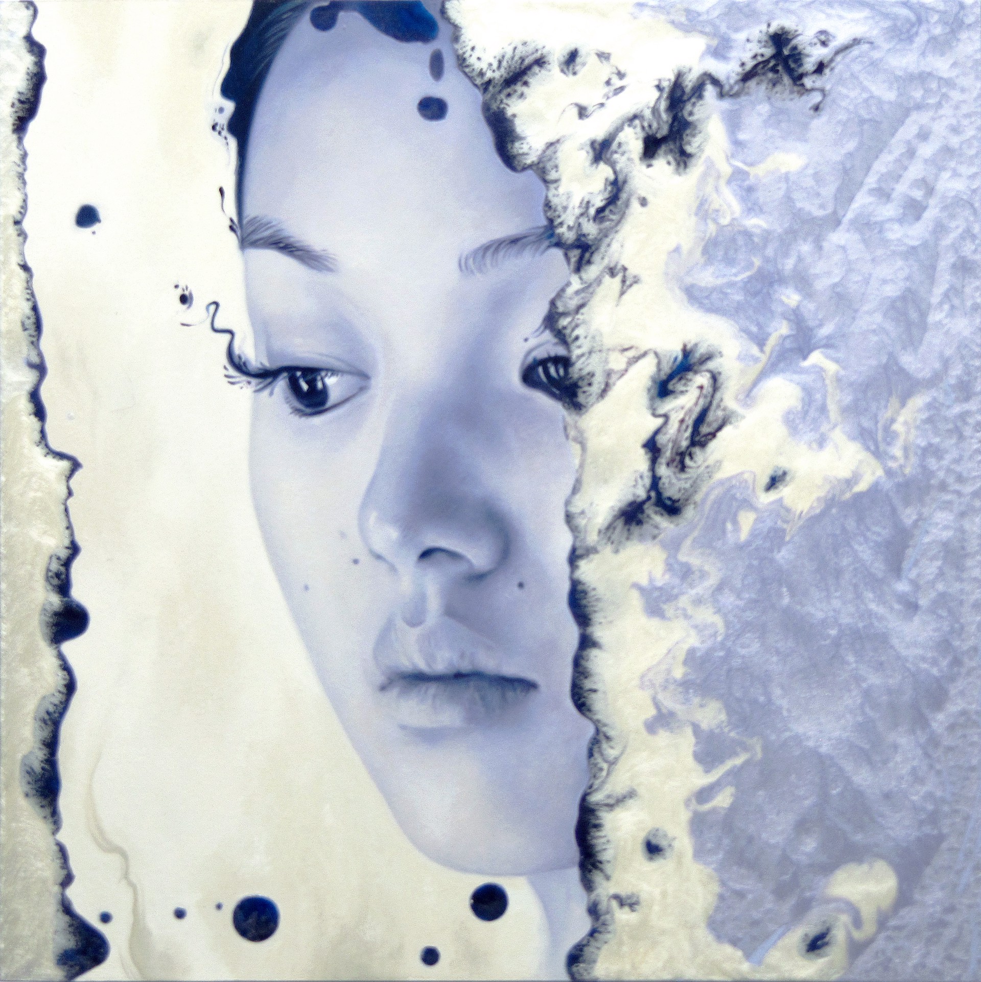 A painting of a woman's face peeking out of a hole in a wall.