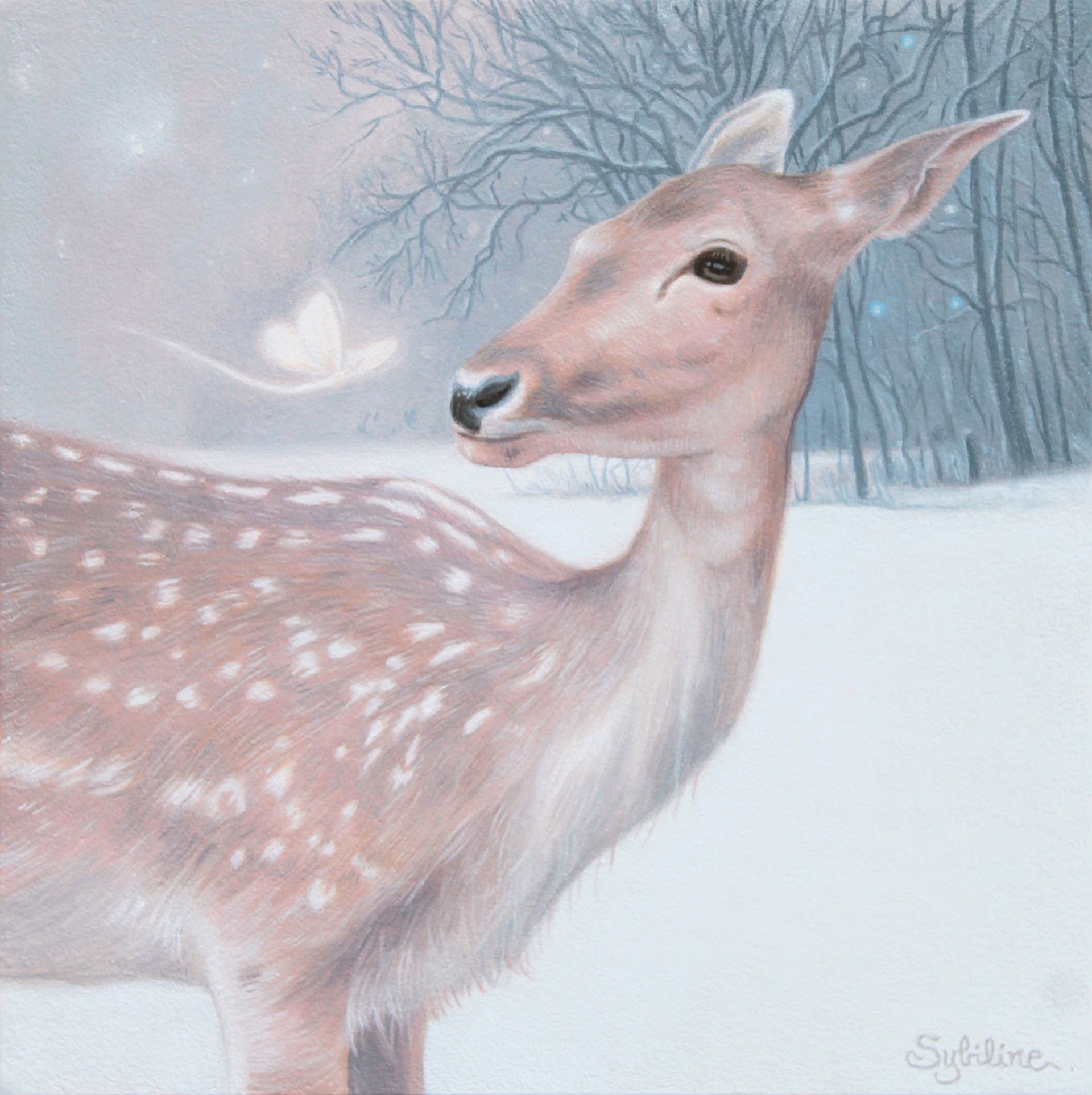 A painting of a deer in the snow with a butterfly in the background.