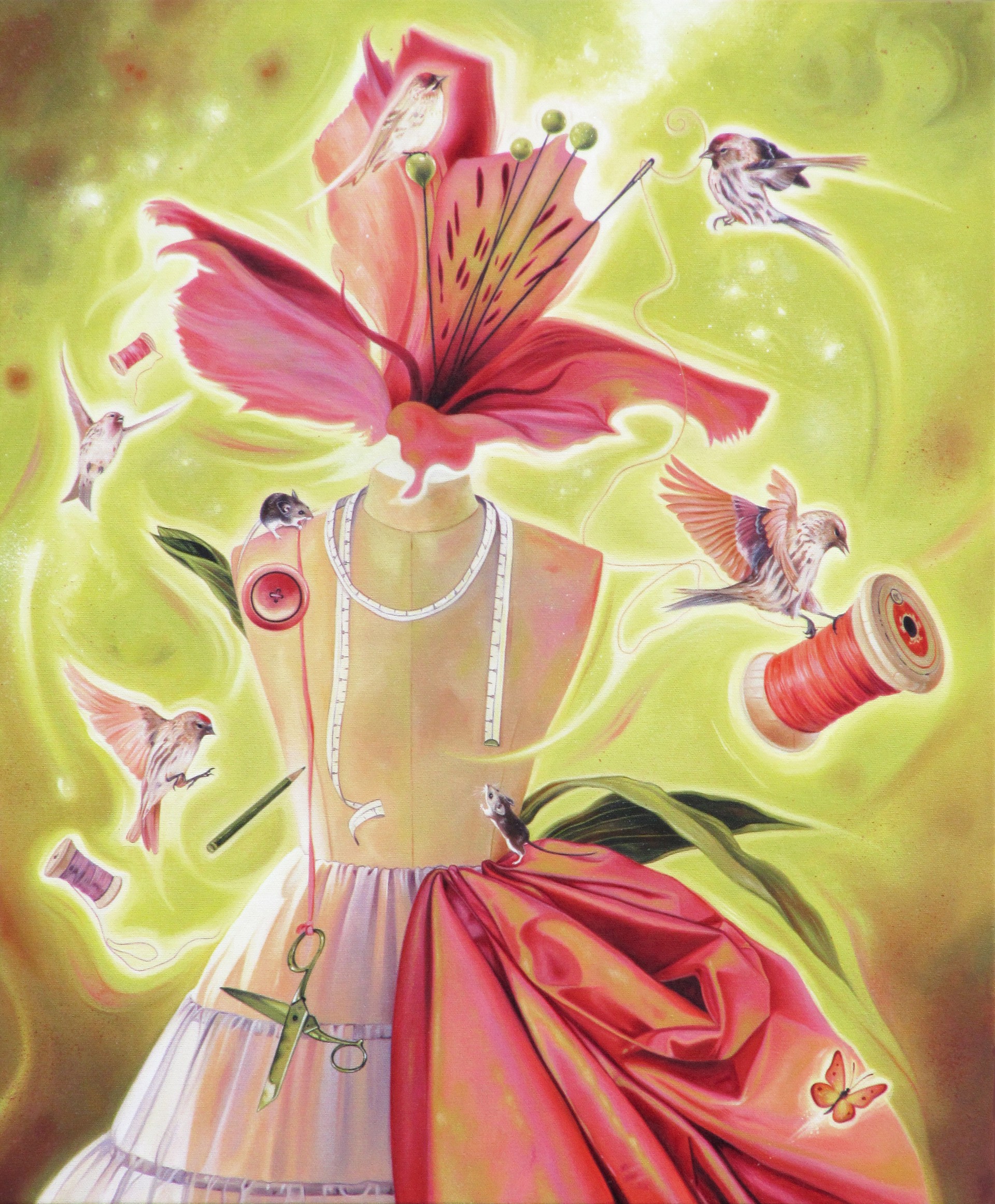 A painting of a woman with a flower and birds flying around her.