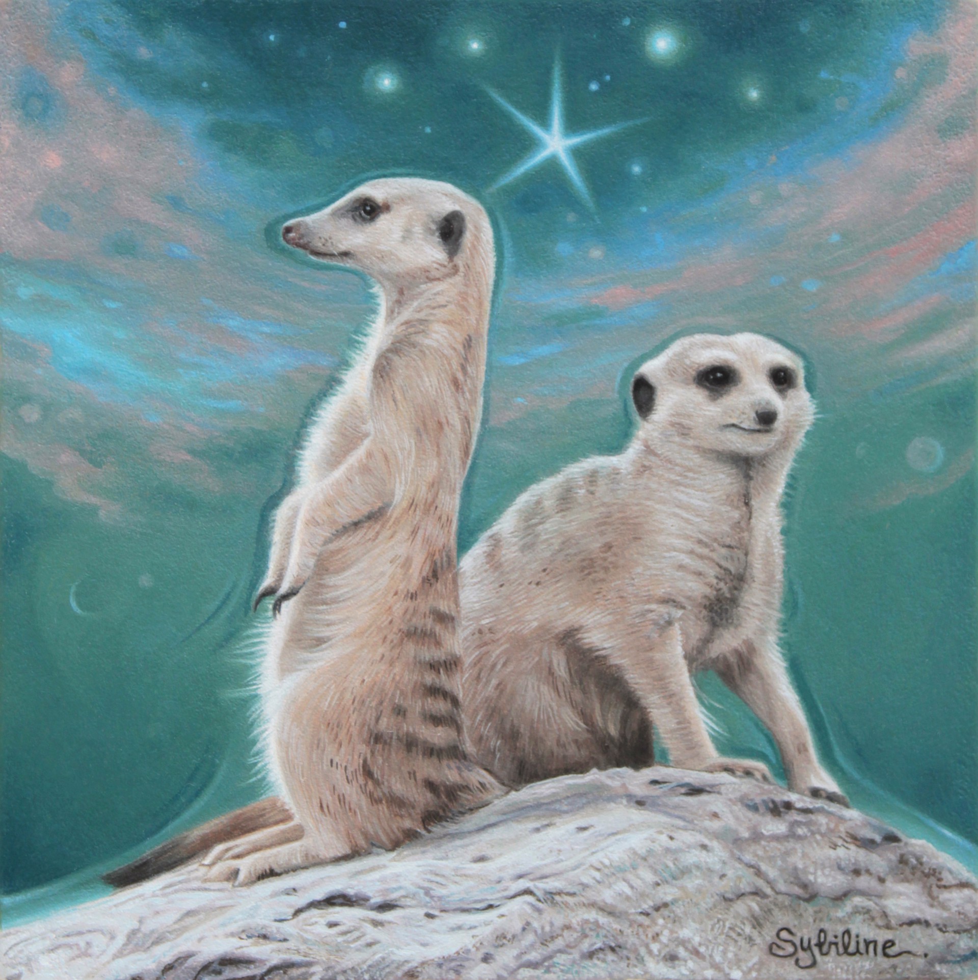 A painting of two meerkats sitting on top of a rock.