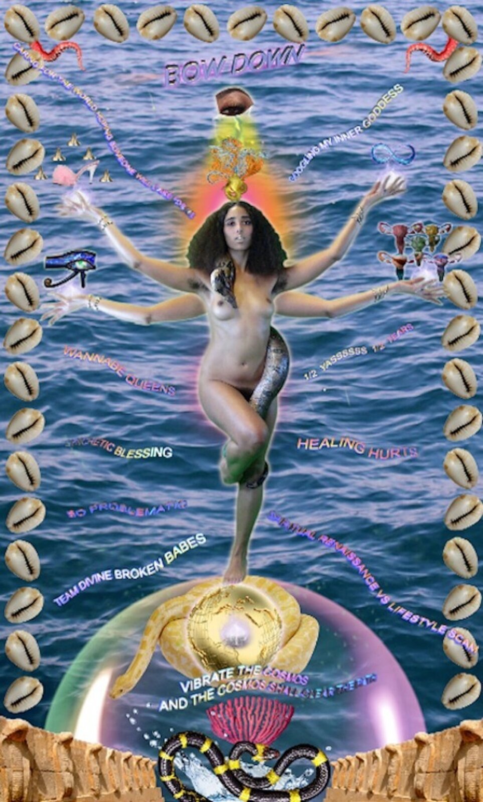 A surreal collage featuring a multi-armed figure floating over water, surrounded by symbols and text.