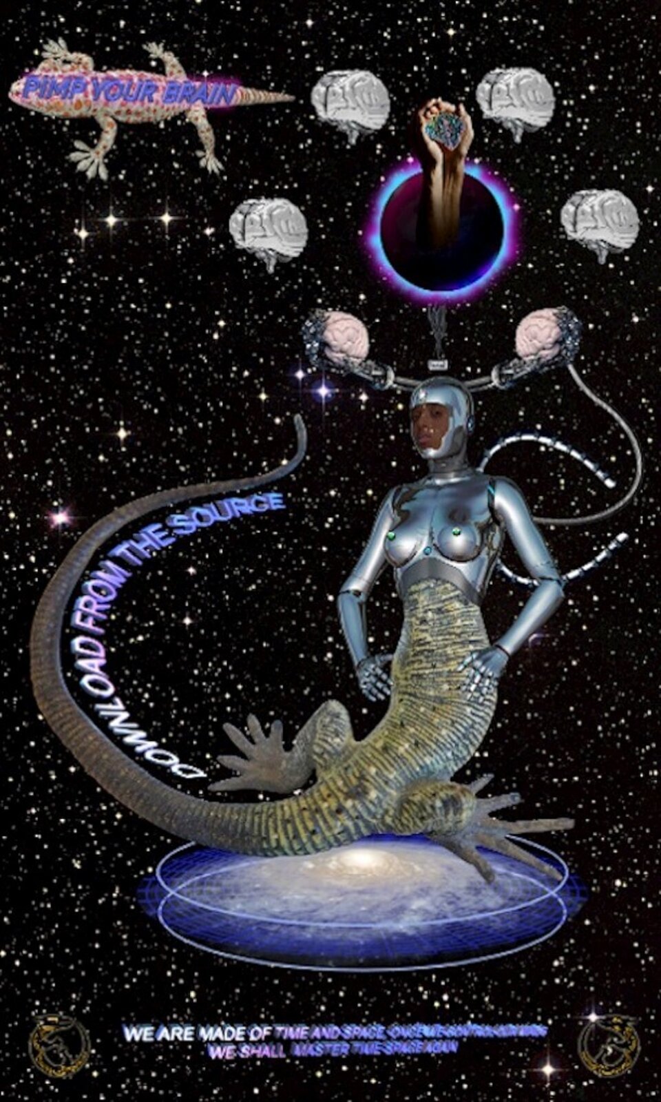 A surreal digital collage featuring a metallic humanoid figure with a lizard tail, surrounded by floating brains and cosmic elements.
