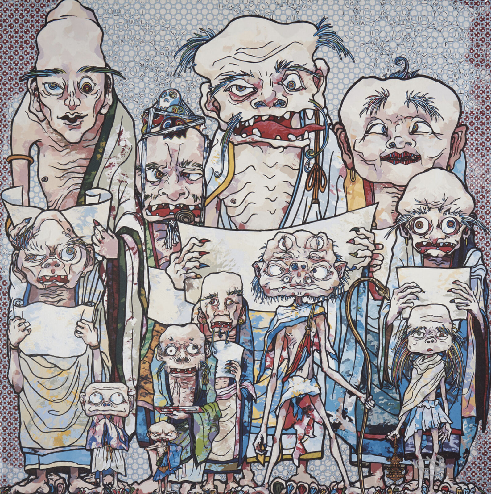 A painting of a group of people holding up a piece of paper.