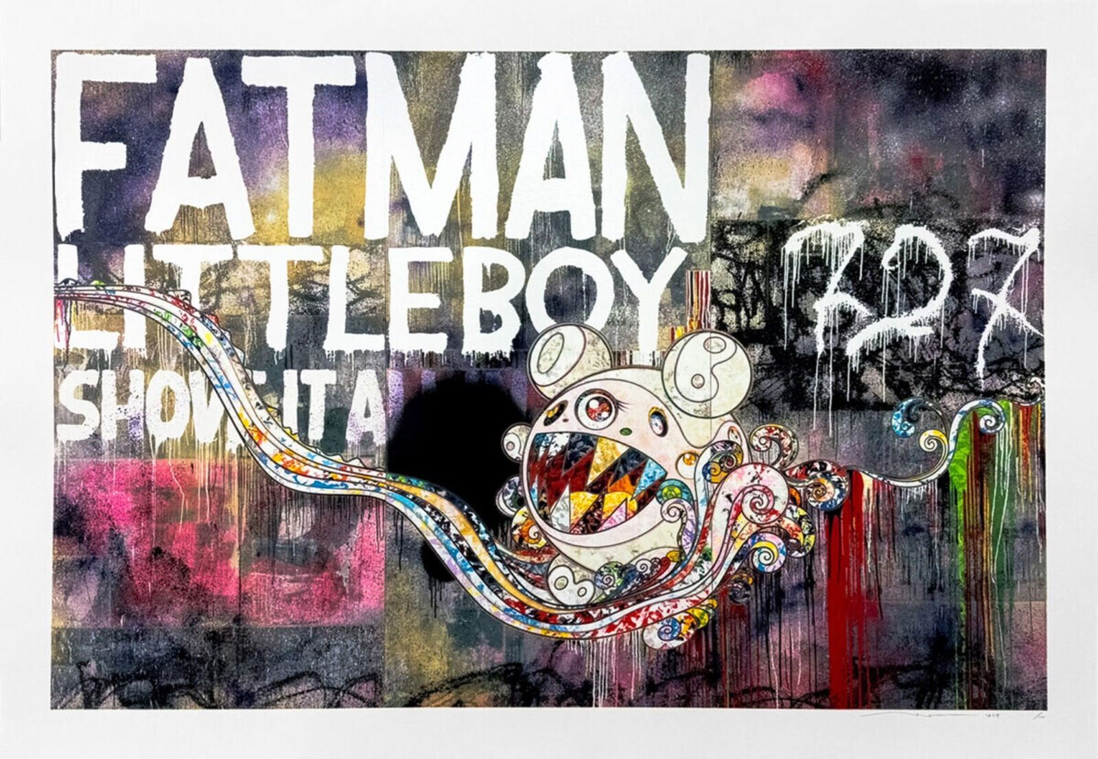 A painting of a cartoon character on a wall with graffiti.