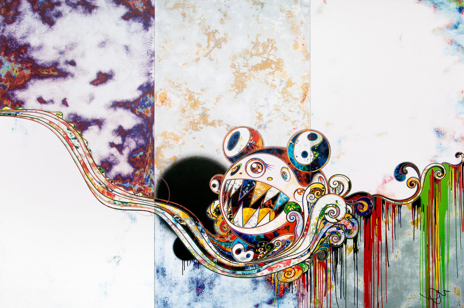 A painting of a frog with a big smile on its face.