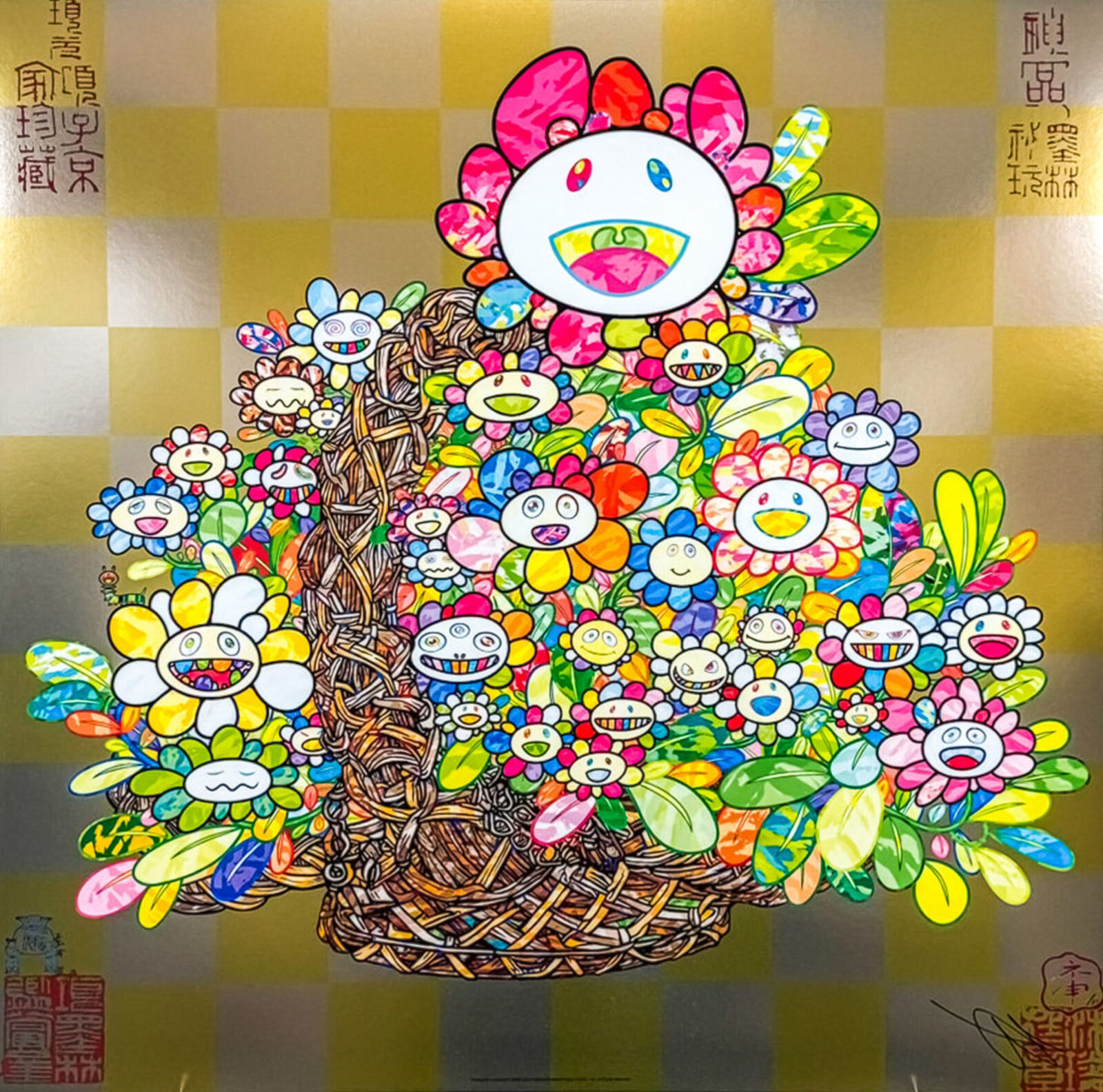 A painting of a basket full of flowers on a wall.