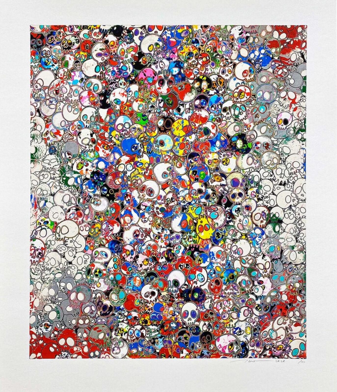 A large group of colorful skulls on a white background.