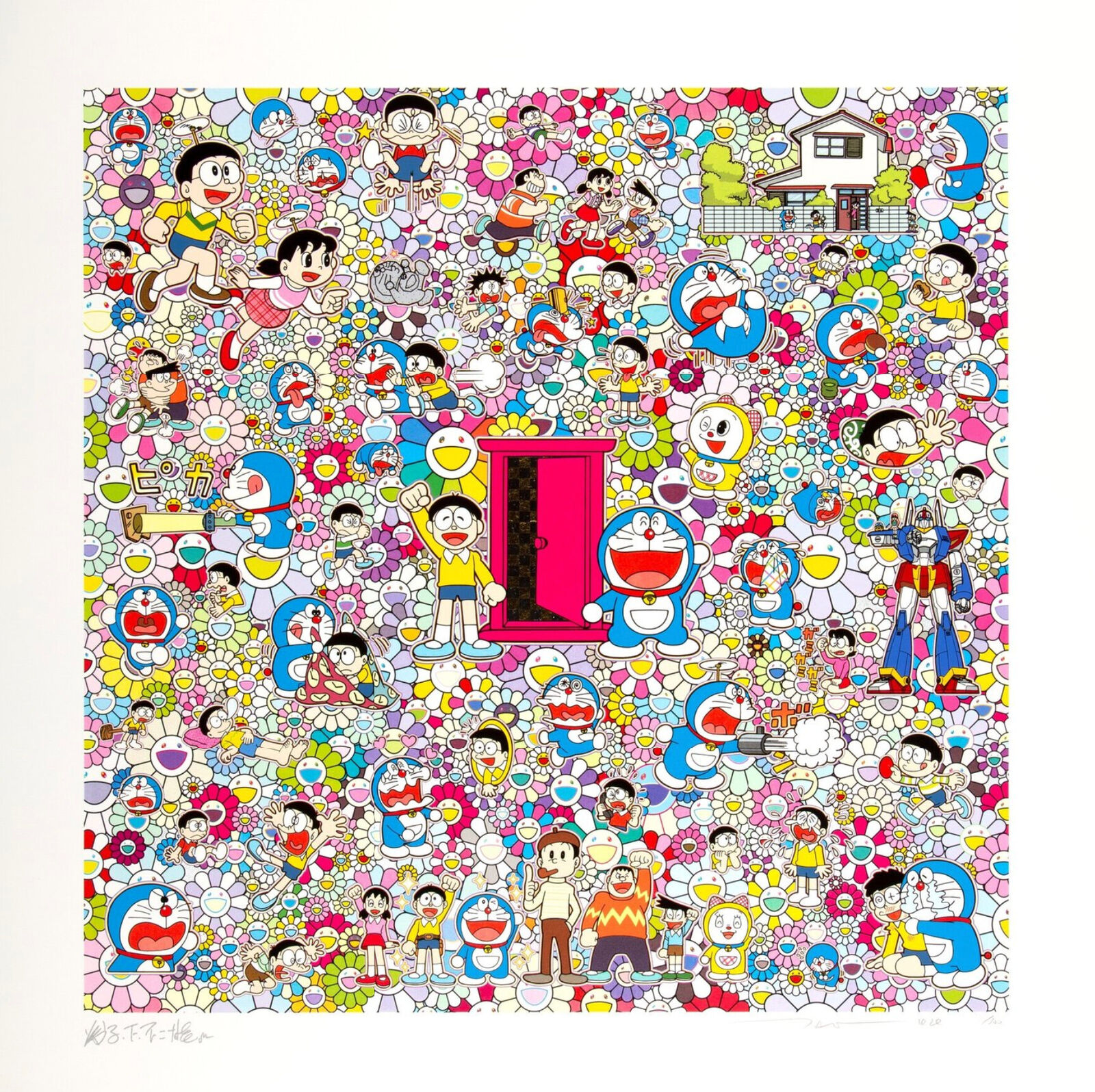 A large group of cartoon characters in a room with a red door.