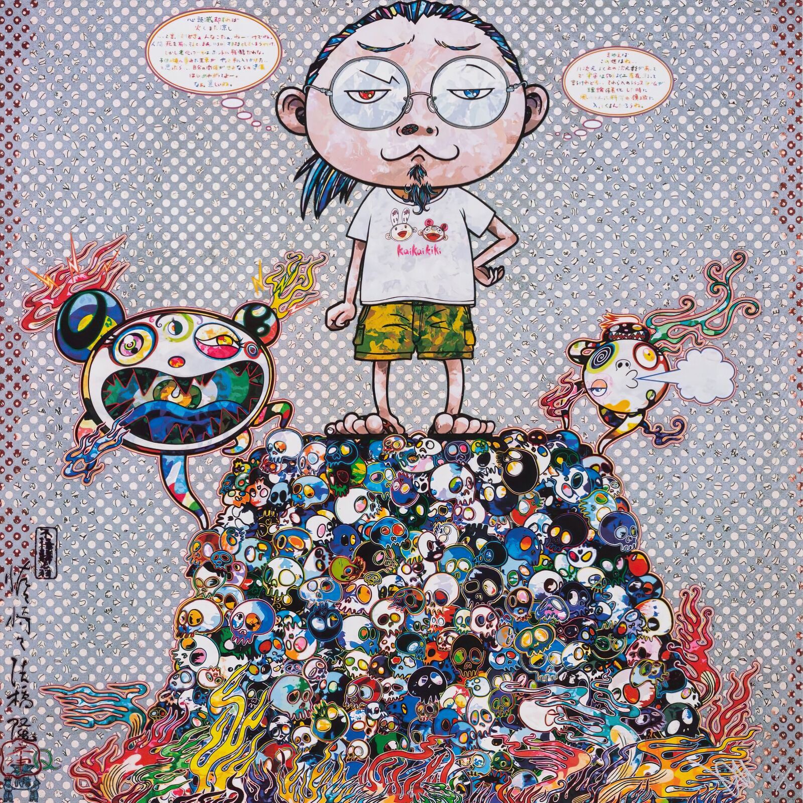 A painting of a man standing on top of a pile of skulls.