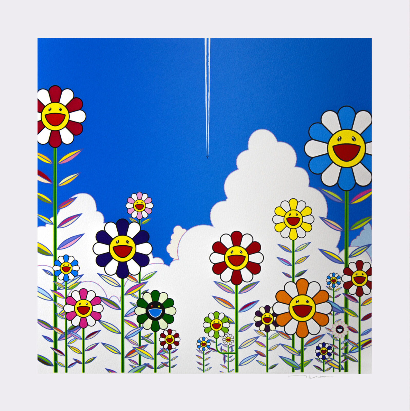 A painting of a field of flowers with a smiley face in the sky.