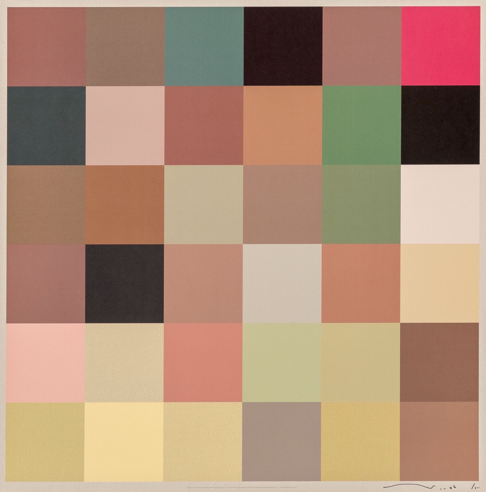 A color palette of different shades of pink, brown, green, and yellow.