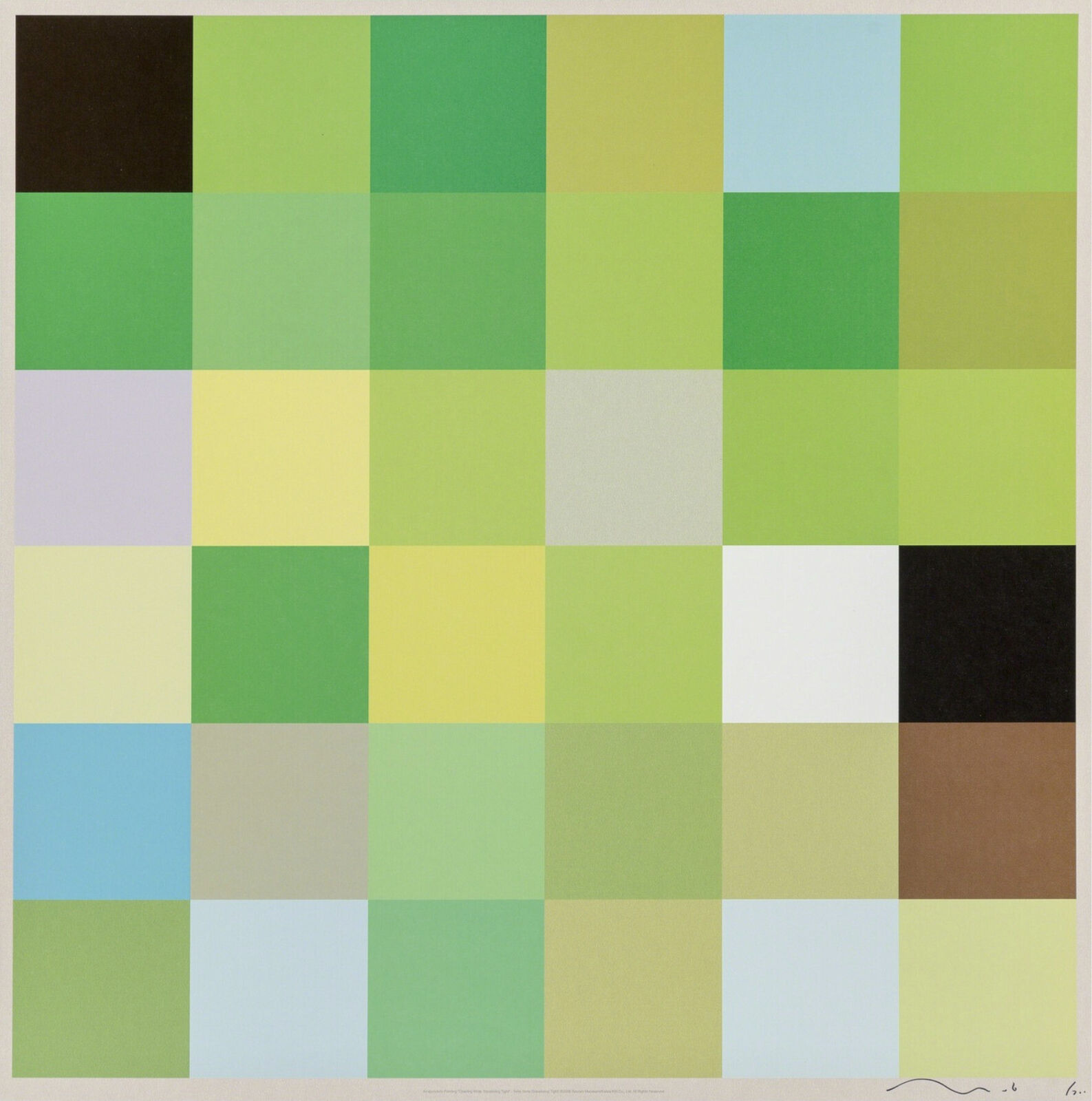 A green, blue, yellow, and brown square pattern on a white background.