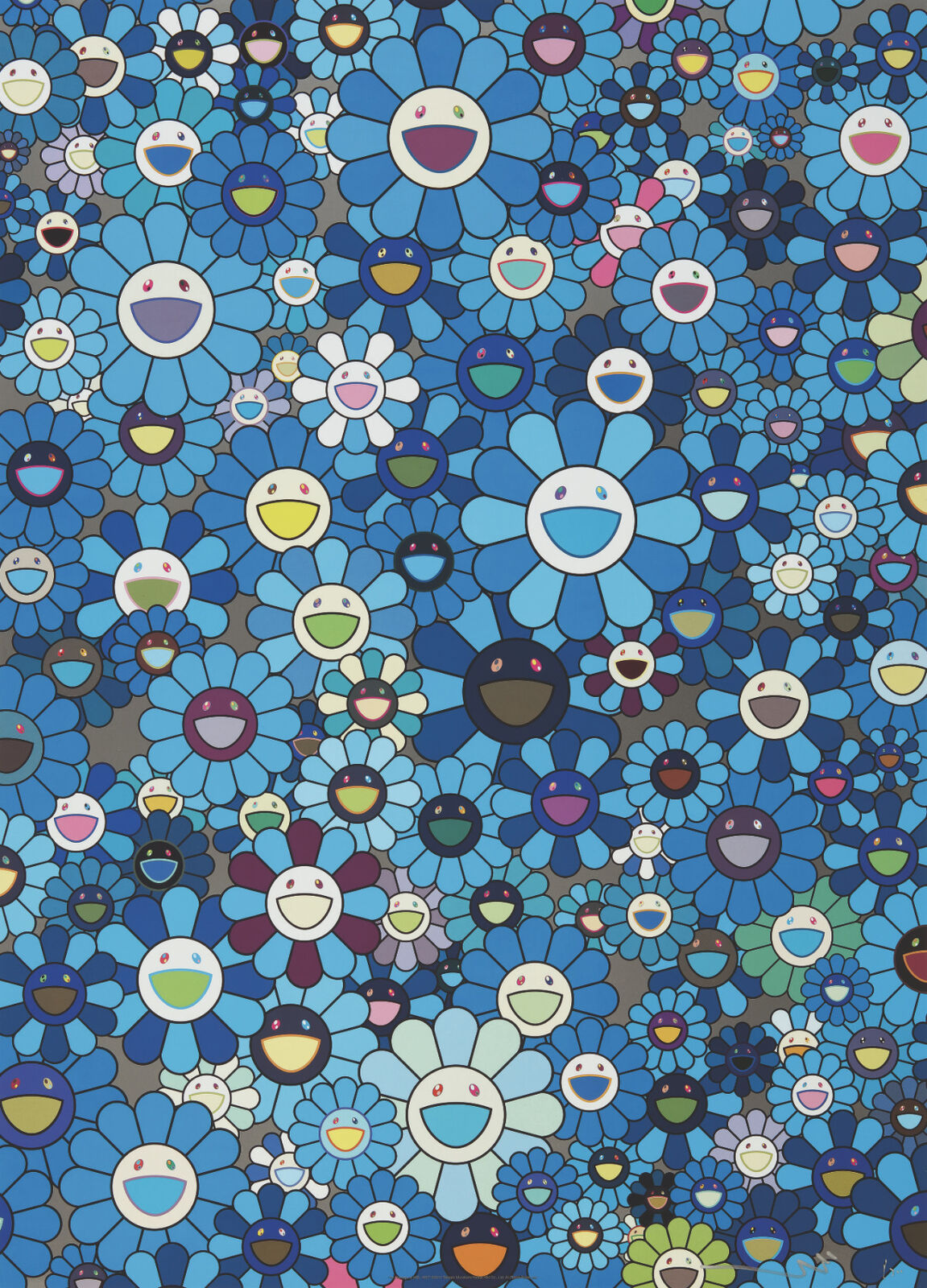 A large group of blue flowers with smiley faces on them.