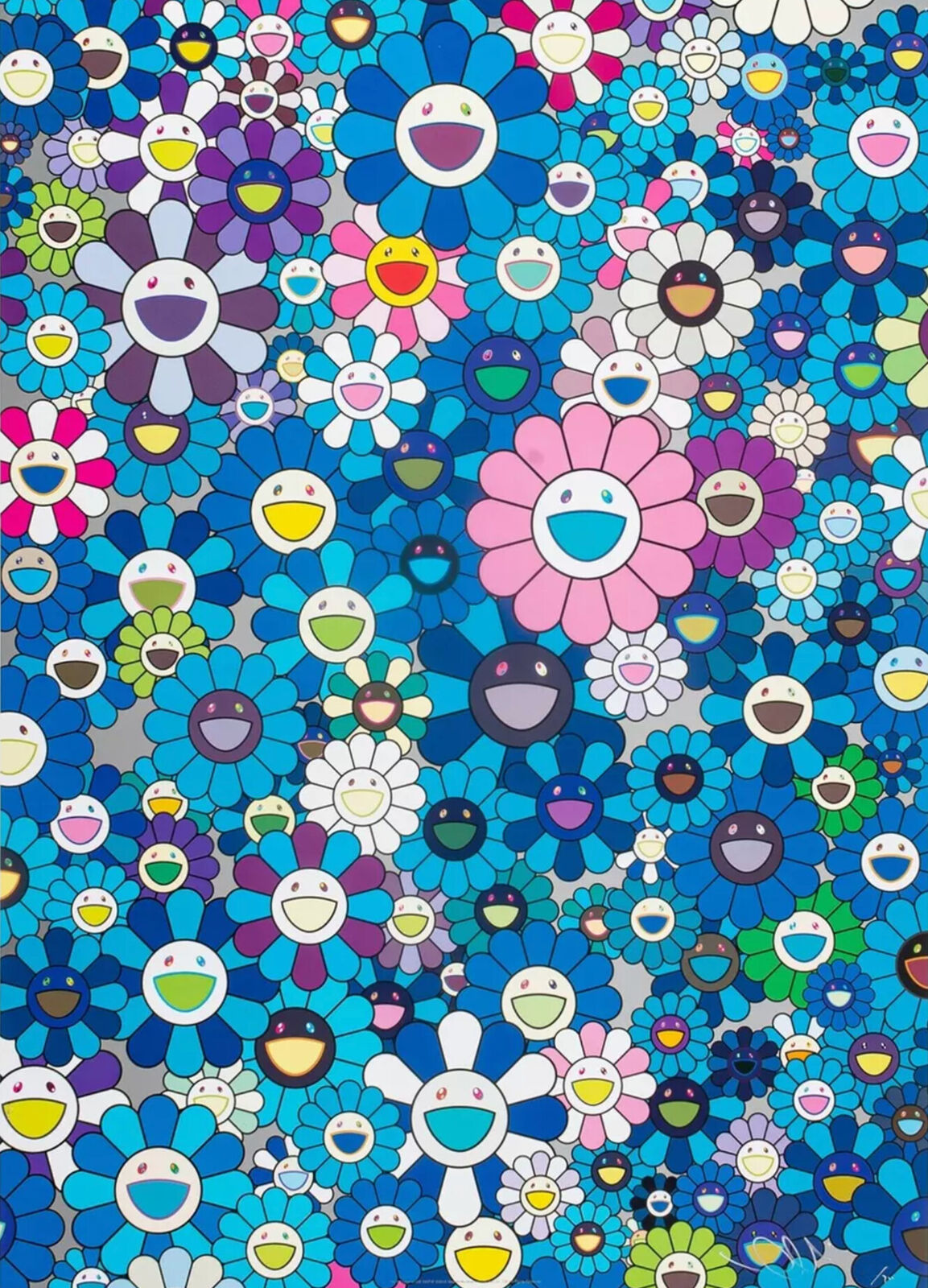 A large group of colorful flowers with smiley faces.