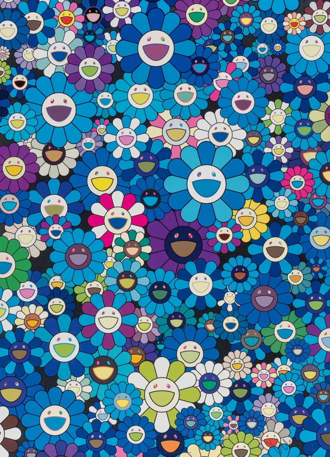 A large group of colorful flowers with smiley faces.