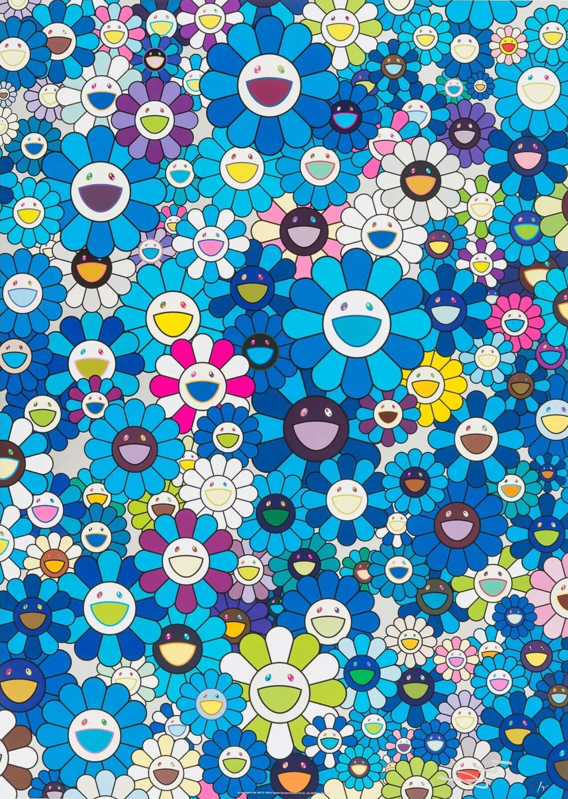 A large group of colorful flowers with smiley faces.