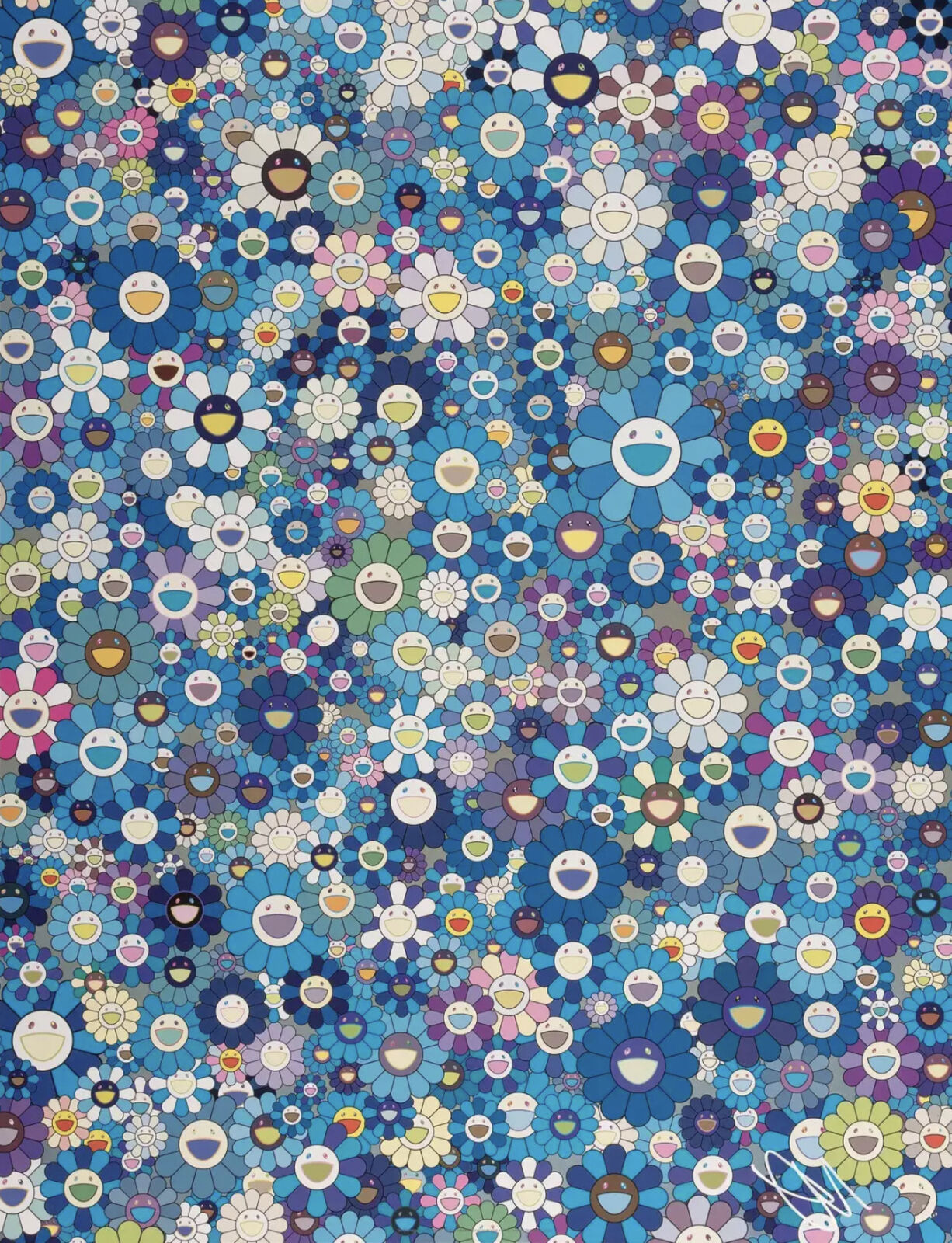 A large group of blue and white flowers with smiley faces.