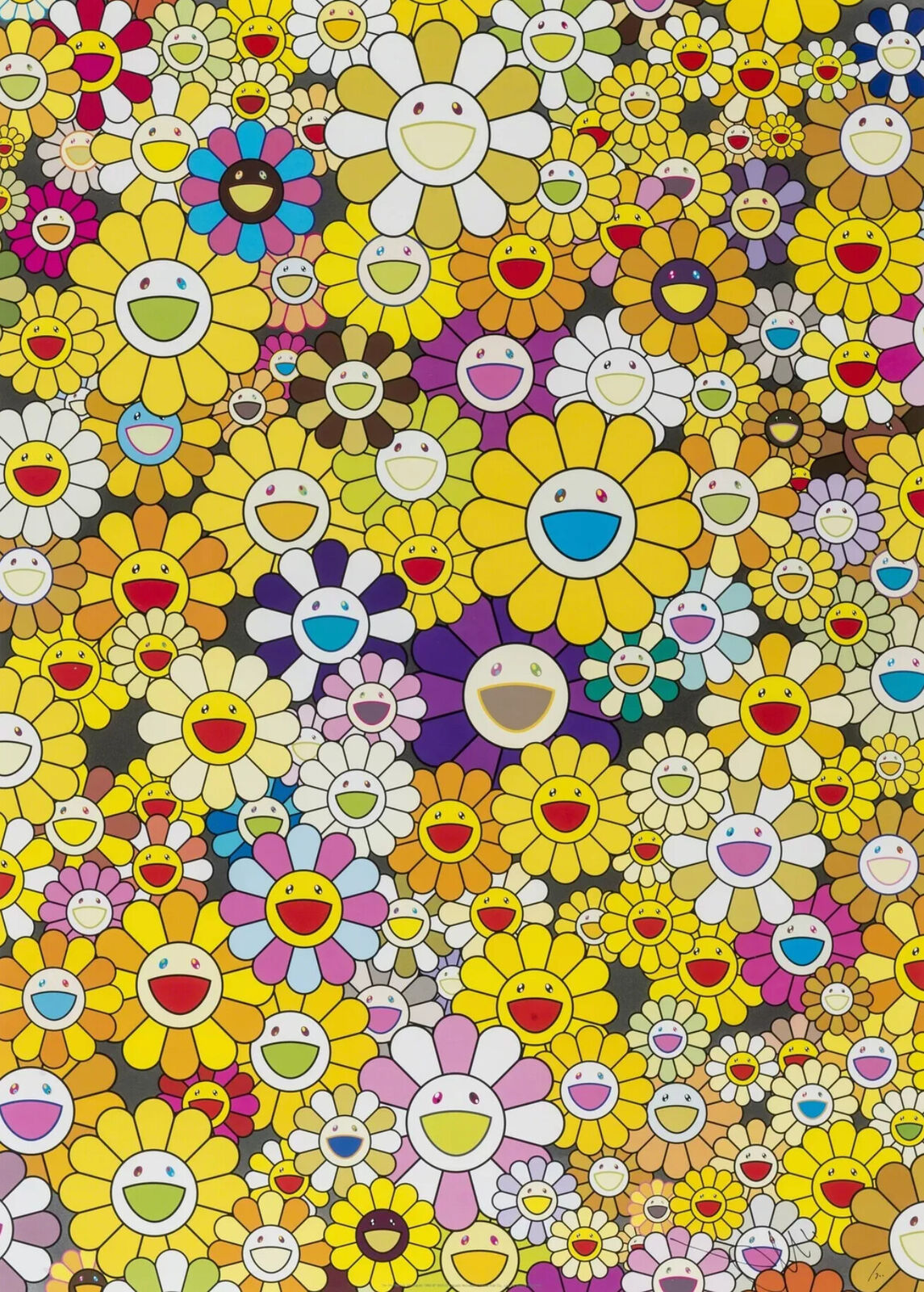 A large group of colorful flowers with smiley faces on them.