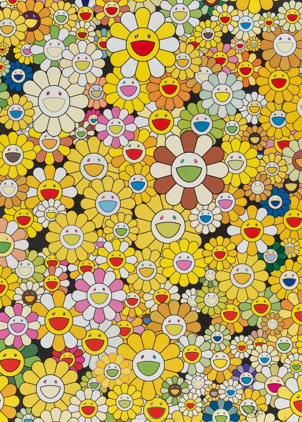 A large group of colorful flowers with smiley faces on them.
