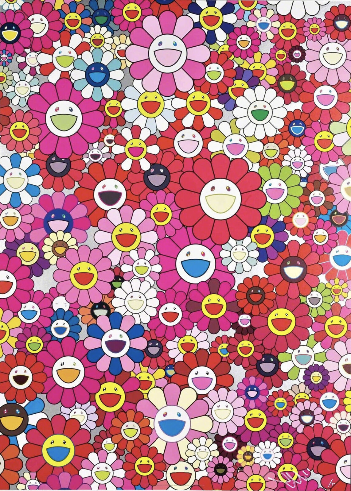 A large group of colorful flowers with smiley faces.