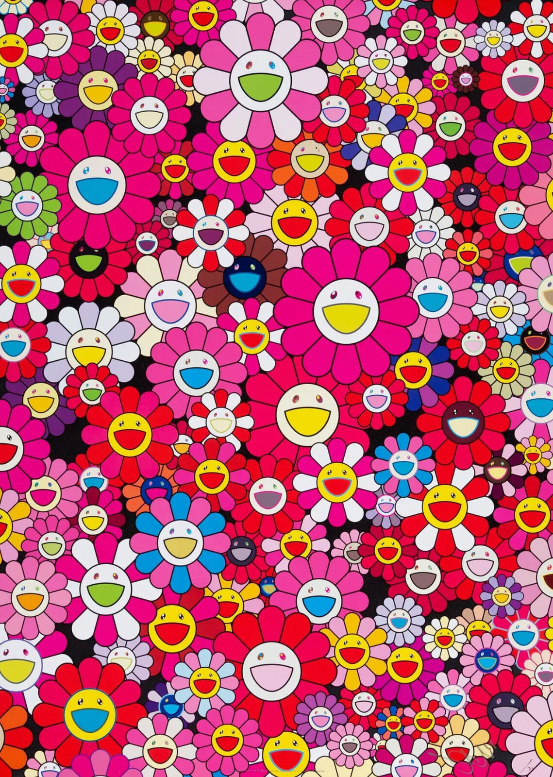 A dense, colorful pattern of smiling flowers in a chaotic yet rhythmic arrangement.