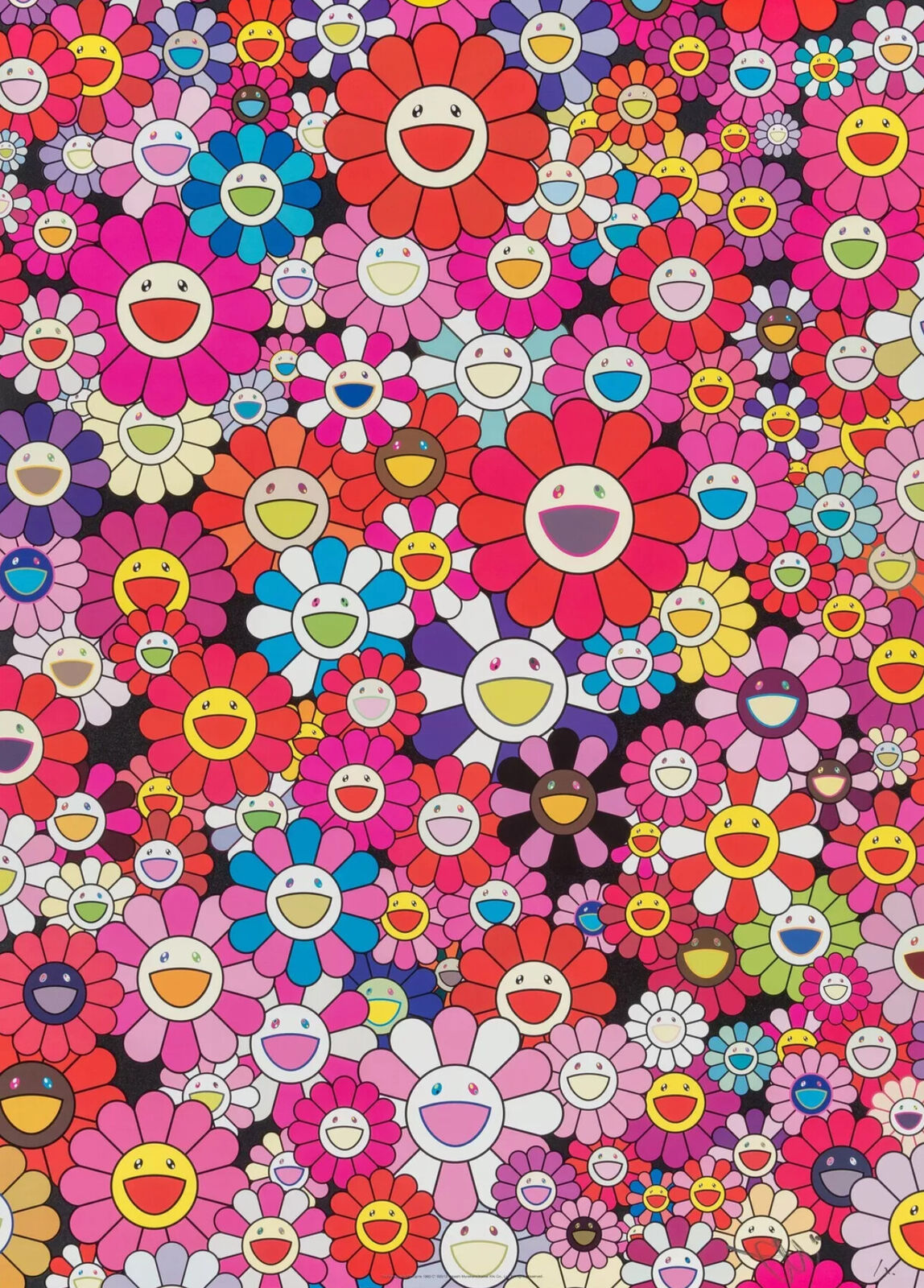 A large group of colorful flowers with smiley faces.