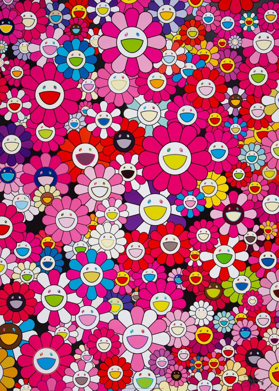 A large group of colorful flowers with smiley faces.