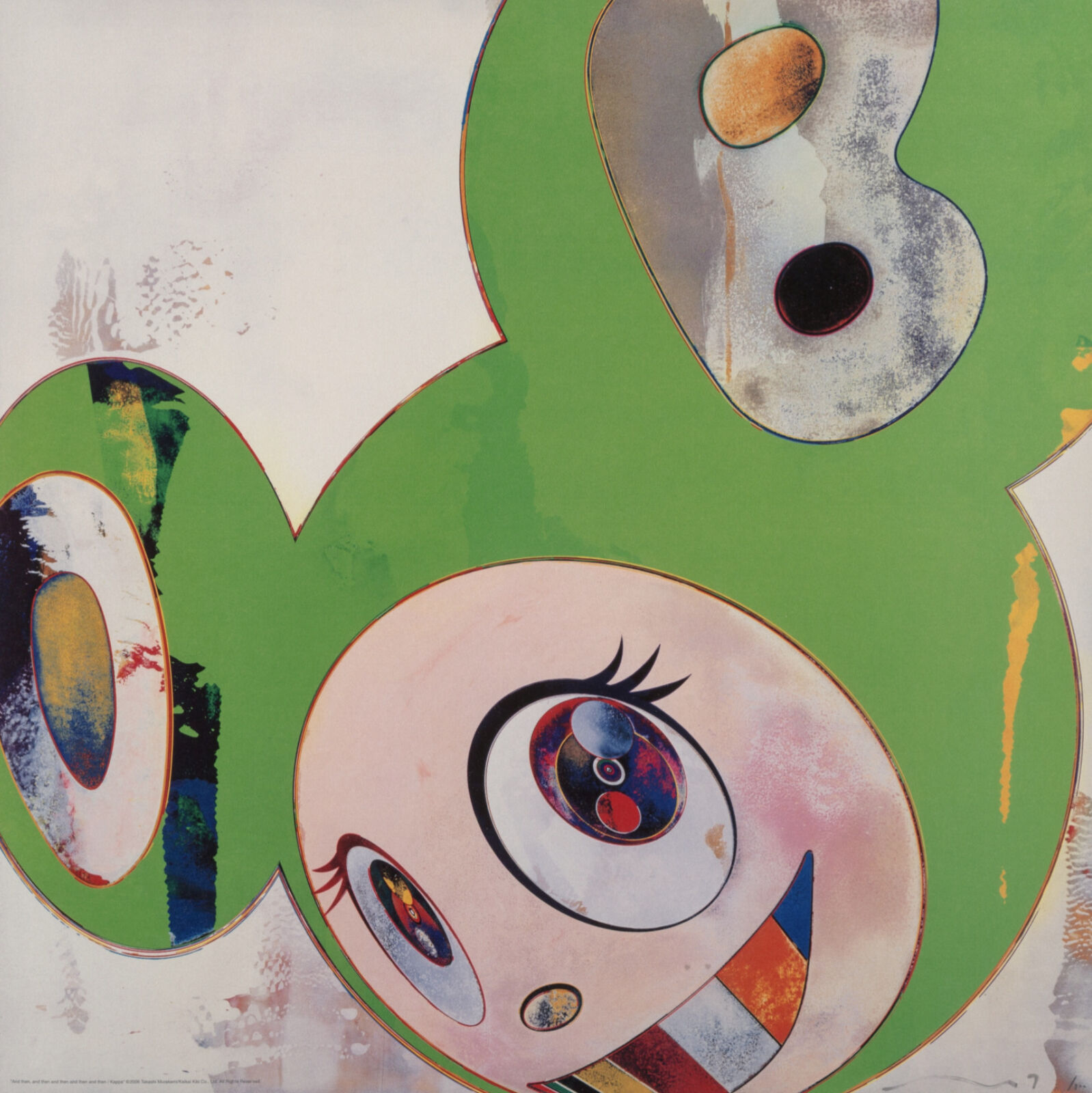 A painting of a green and pink face on a white background.