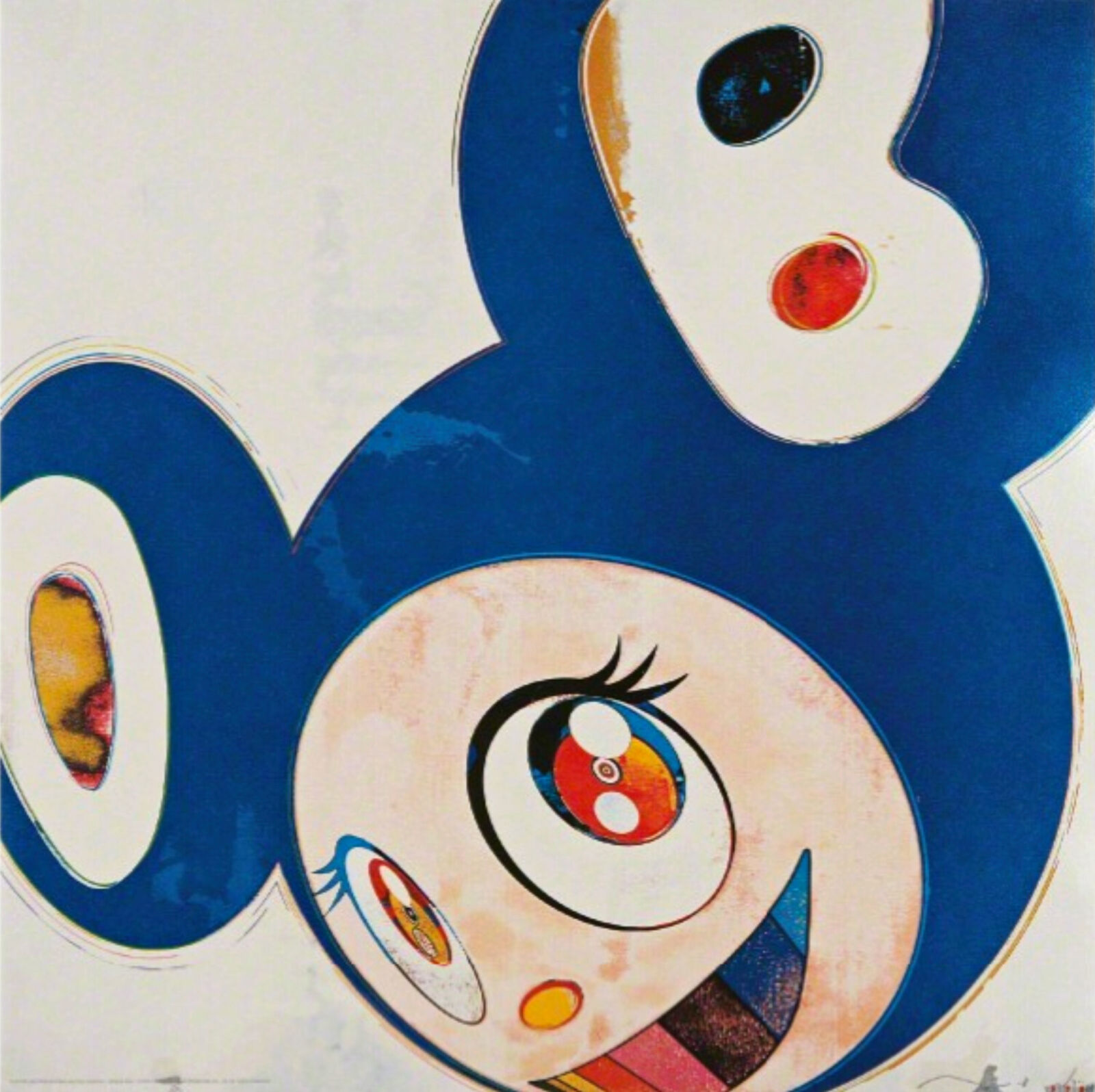 A blue and white poster with a cartoon face on it.