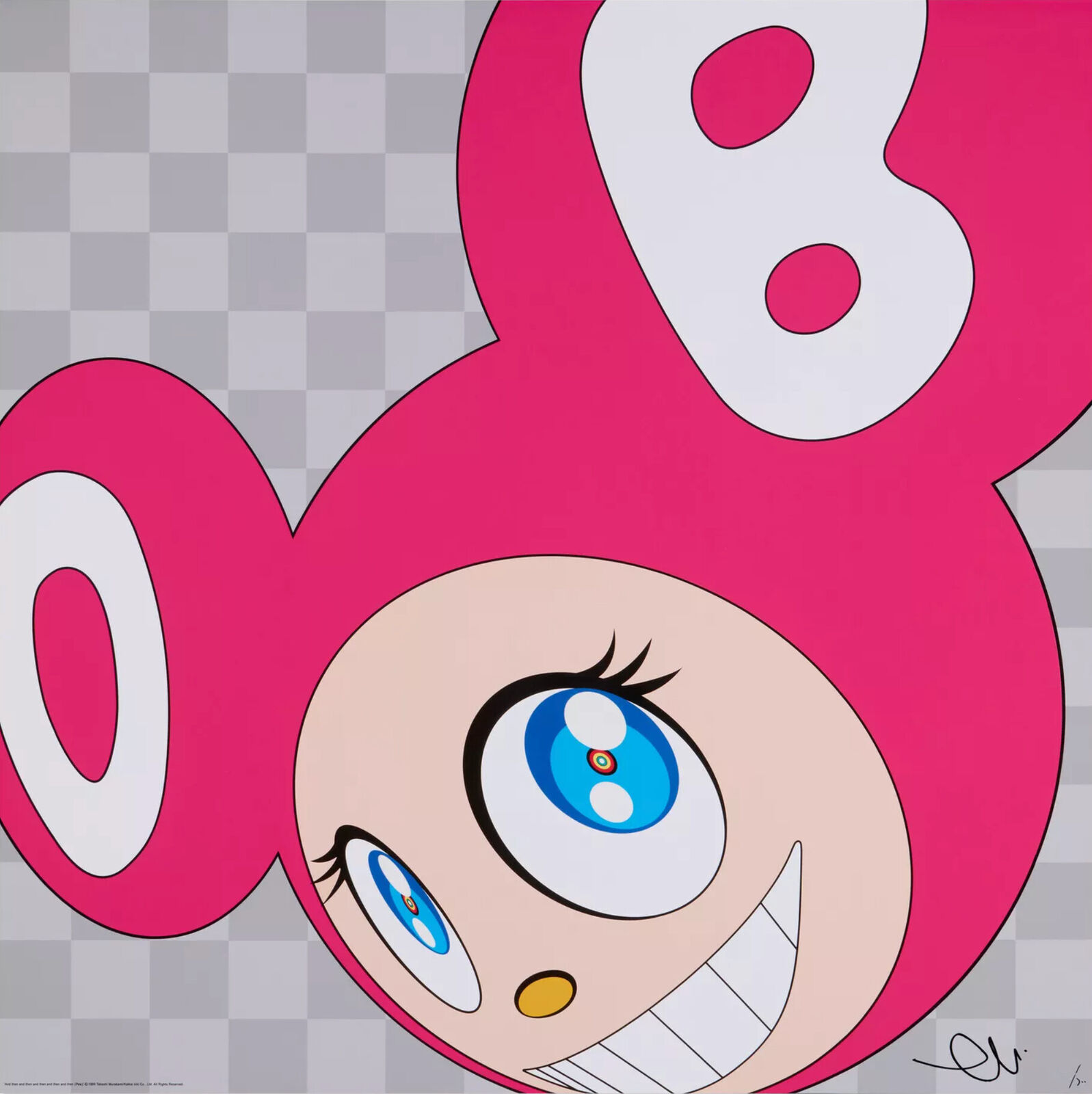 A pink cartoon character with blue eyes and a big smile.