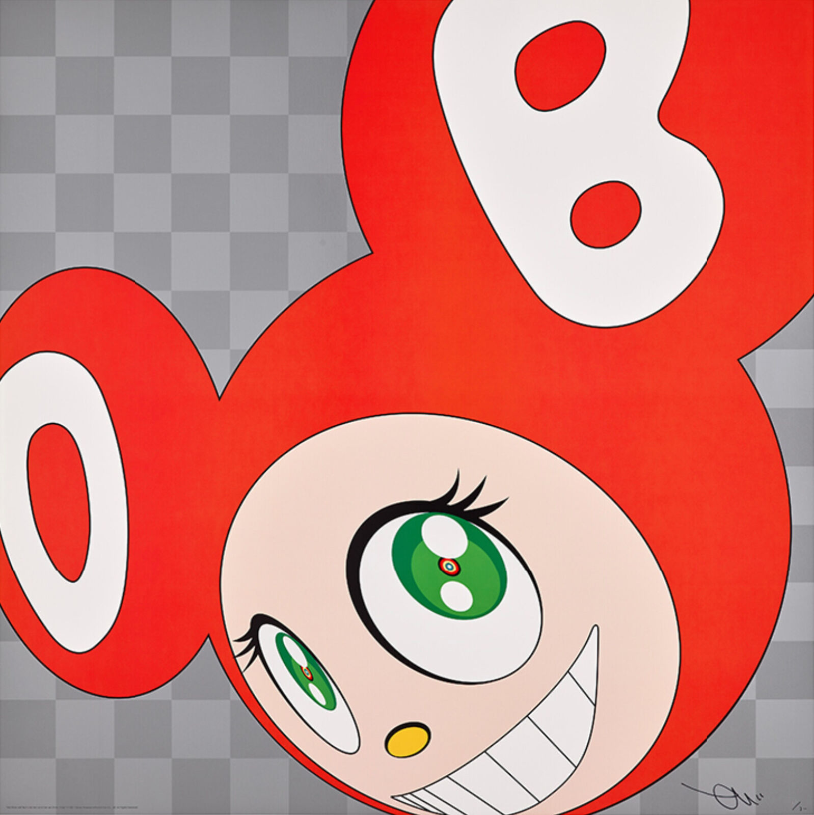 A red and white cartoon character with green eyes.