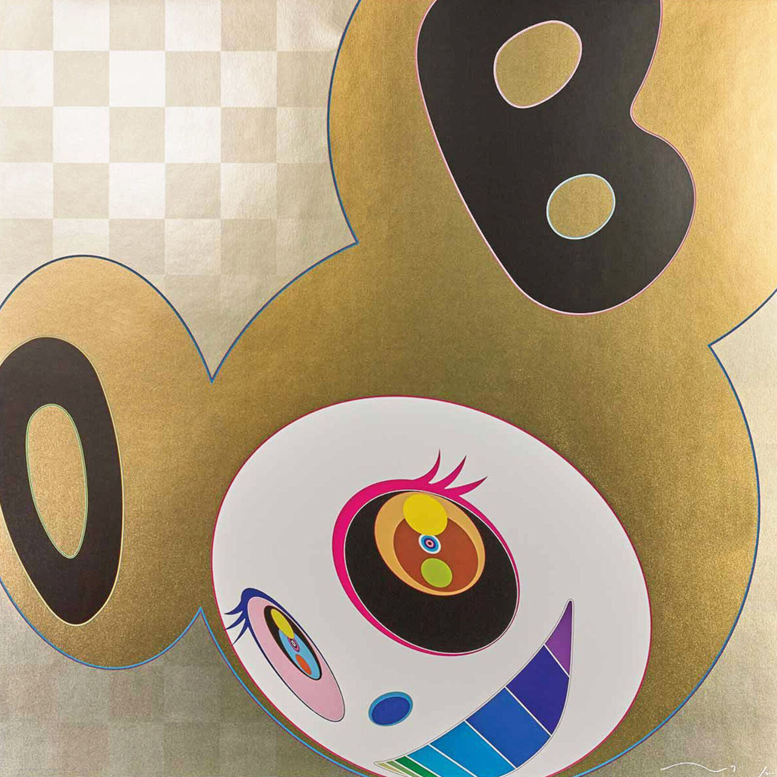 A painting of a teddy bear with the number 8 on it.