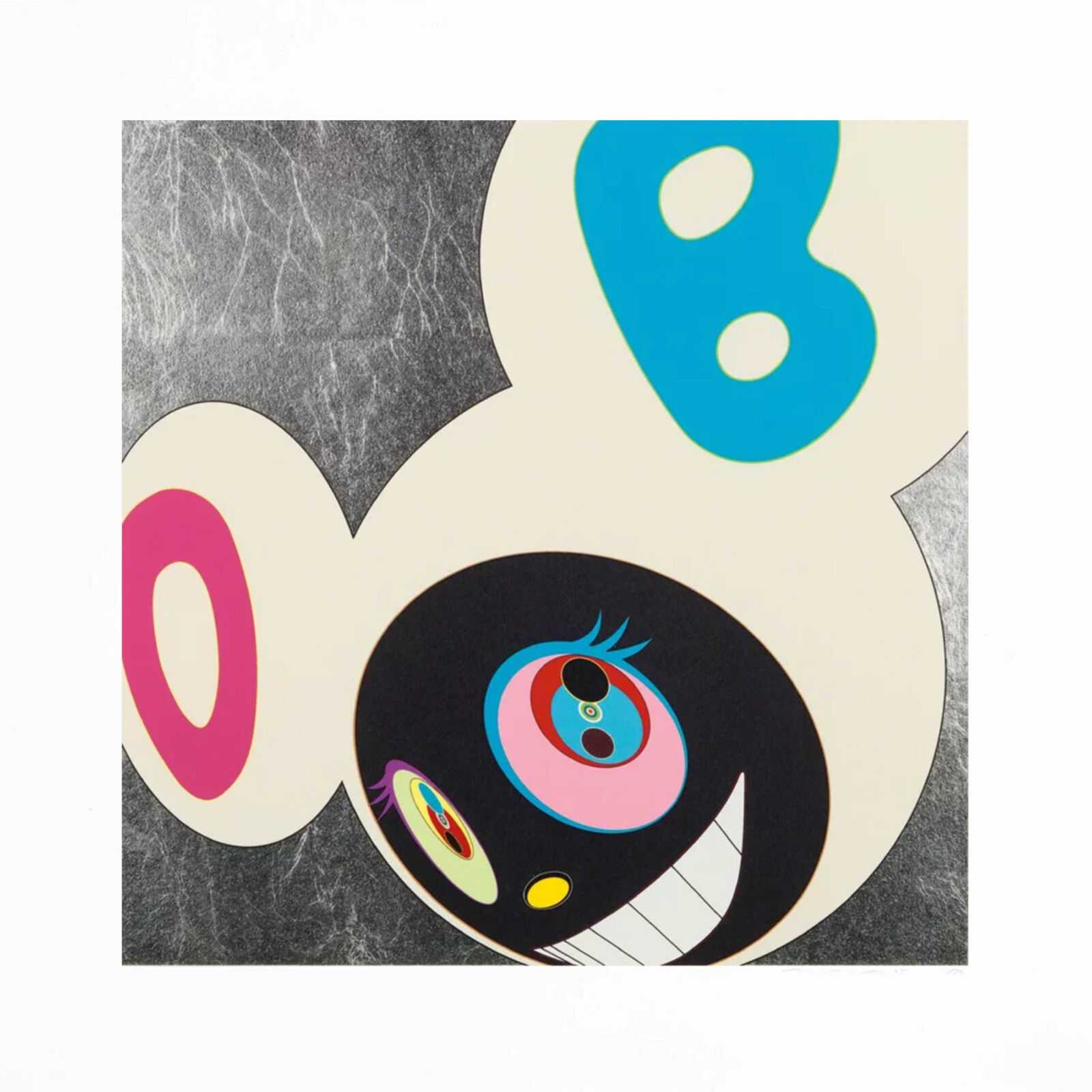 A black and white poster with a cartoon face on it.