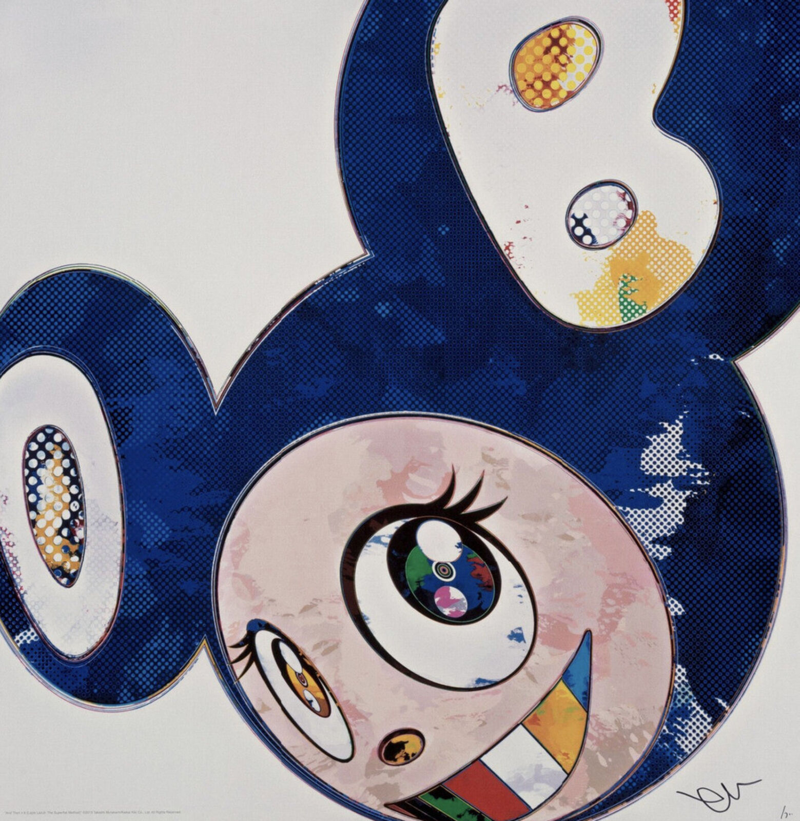 A blue and white poster with a cartoon character on it.