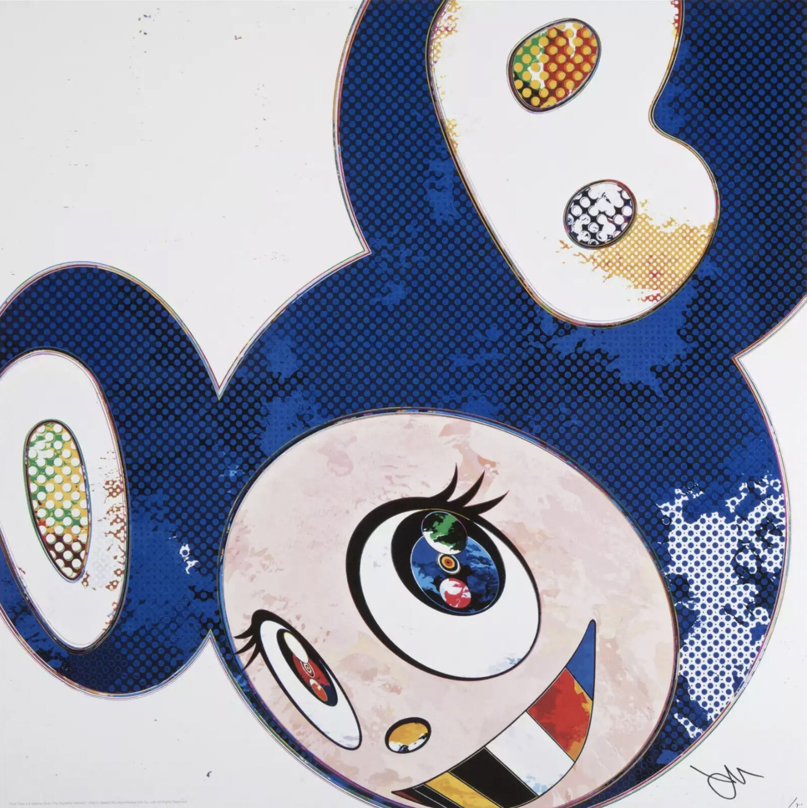 A blue and white poster with a cartoon character on it.