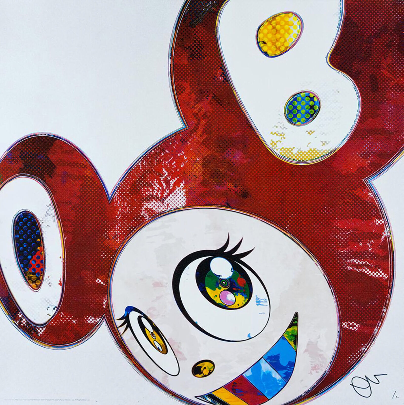 A painting of a red and white teddy bear with a smiley face.