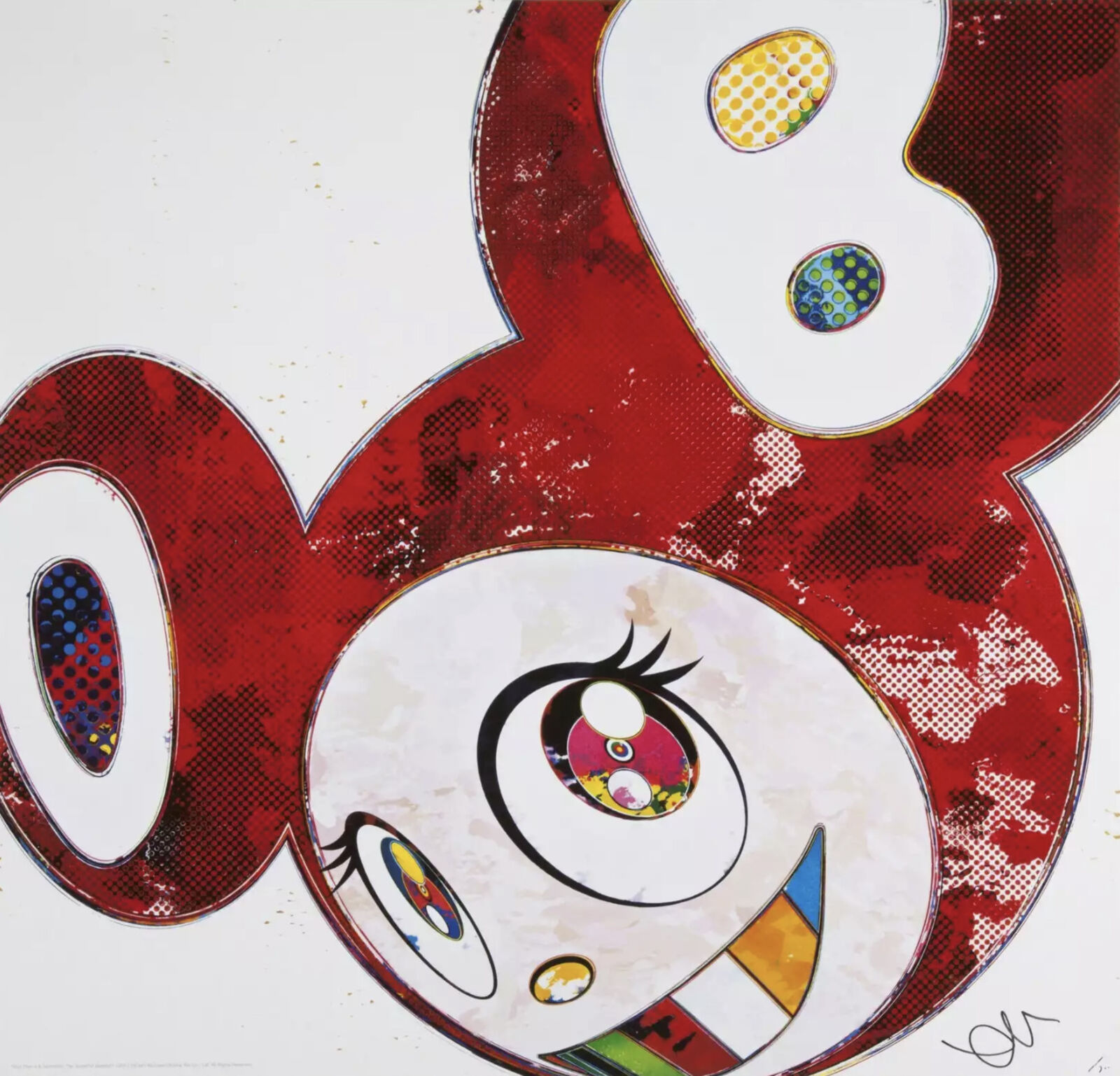 A red and white painting of a smiling face.