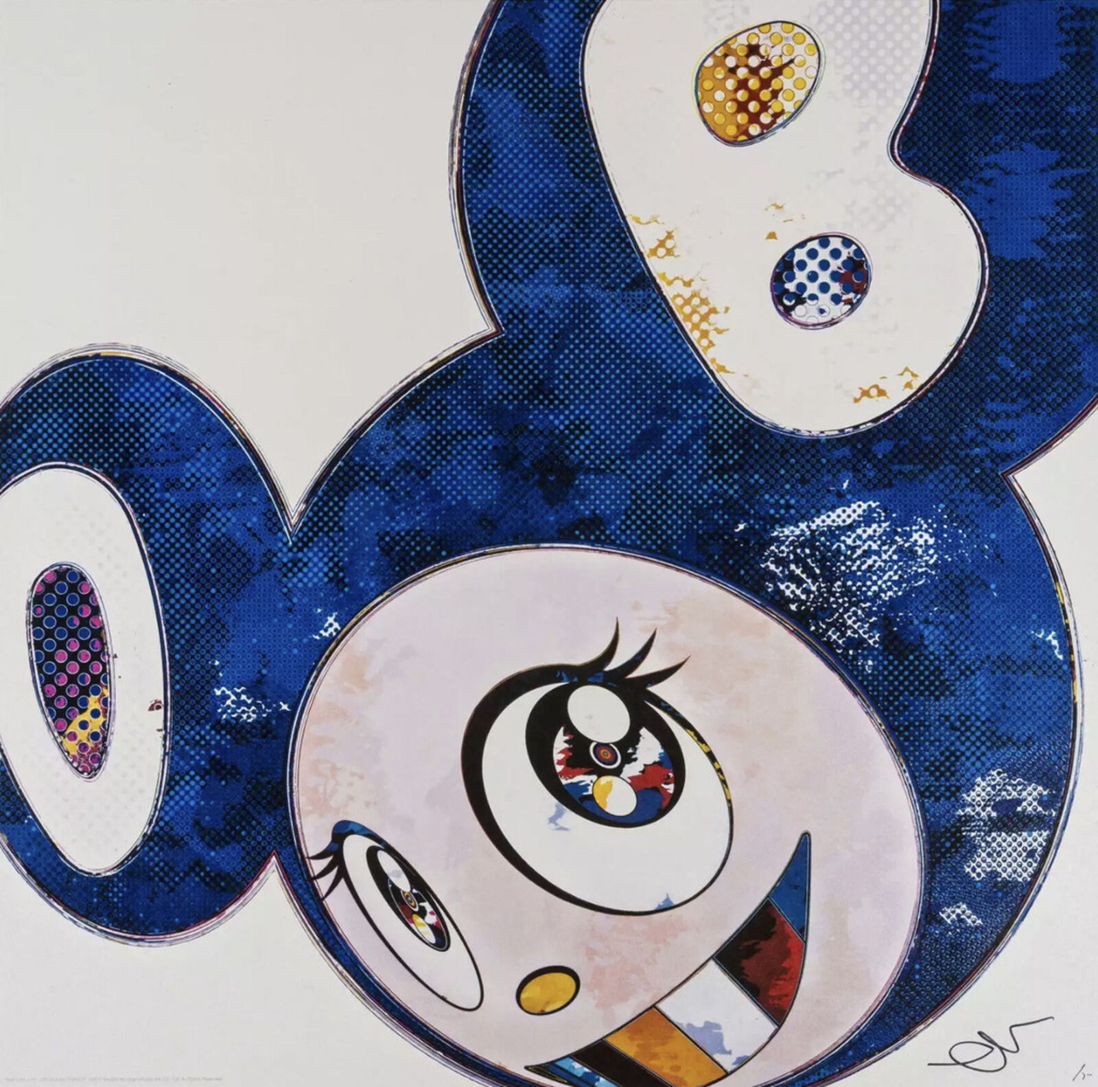 A blue and white painting of a cartoon character with big eyes.