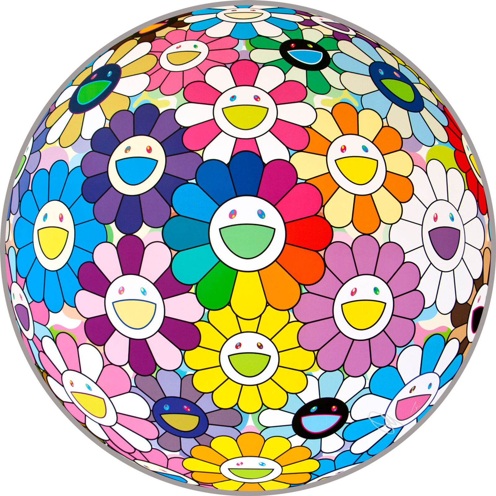 A colorful flower ball with smiley faces on it.